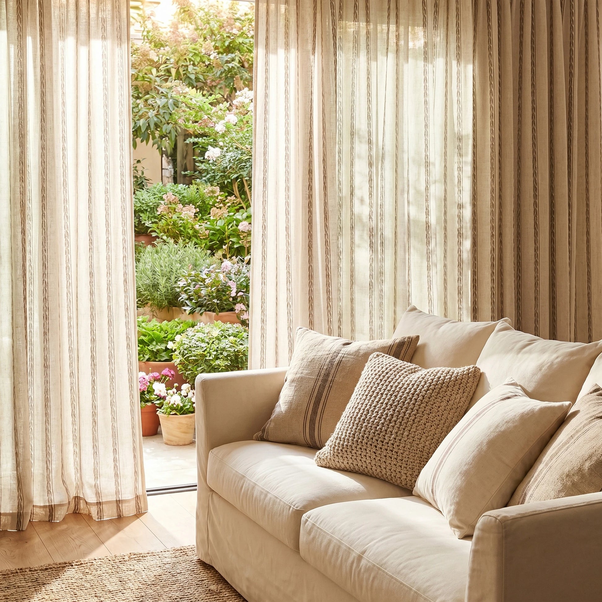 Demeter Aurata patterned linen curtains by DWCN Official hanging in a window, showcasing intricate gold and white design on natural linen fabric.
