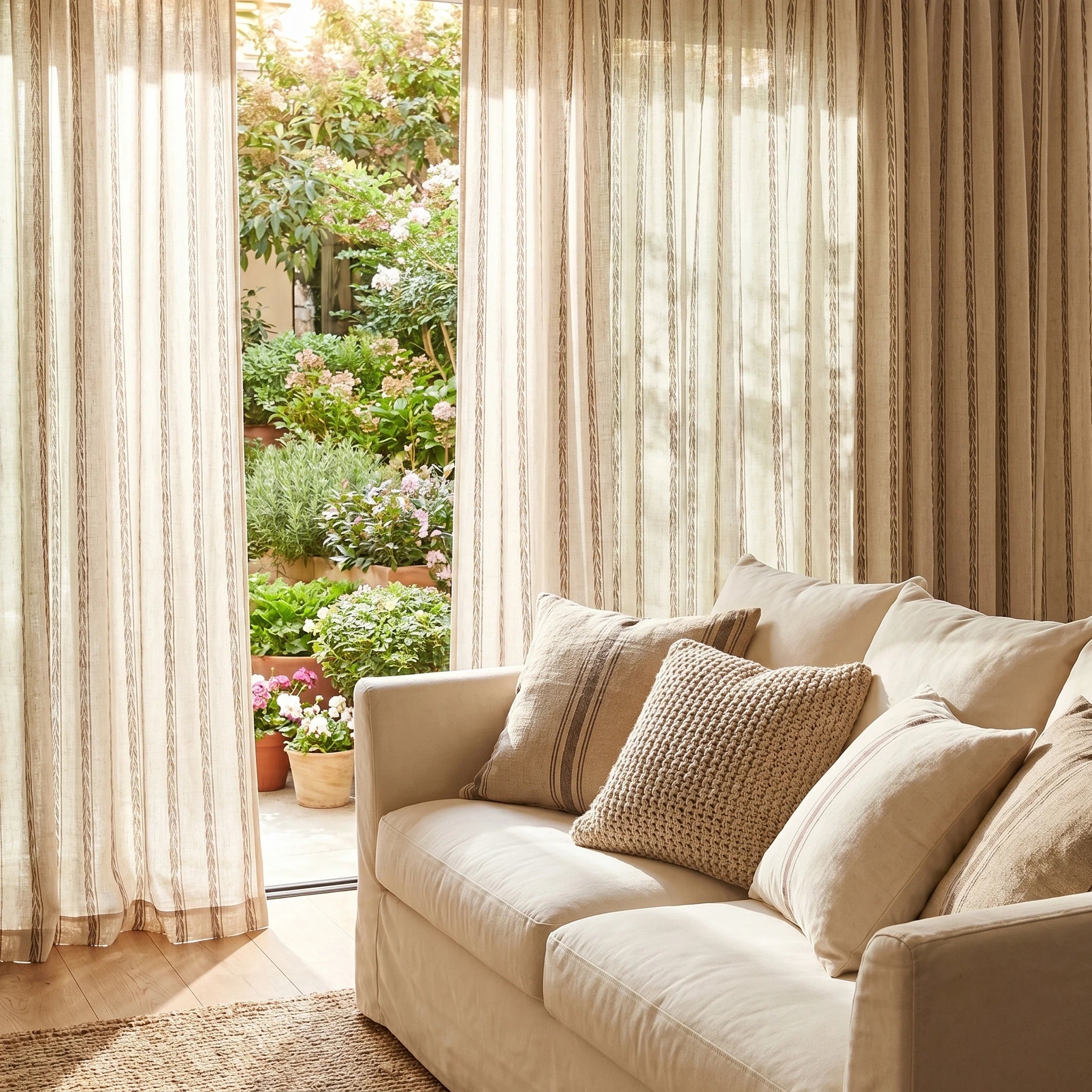 Demeter Aurata patterned linen curtains by DWCN Official hanging in a window, showcasing intricate gold and white design on natural linen fabric.