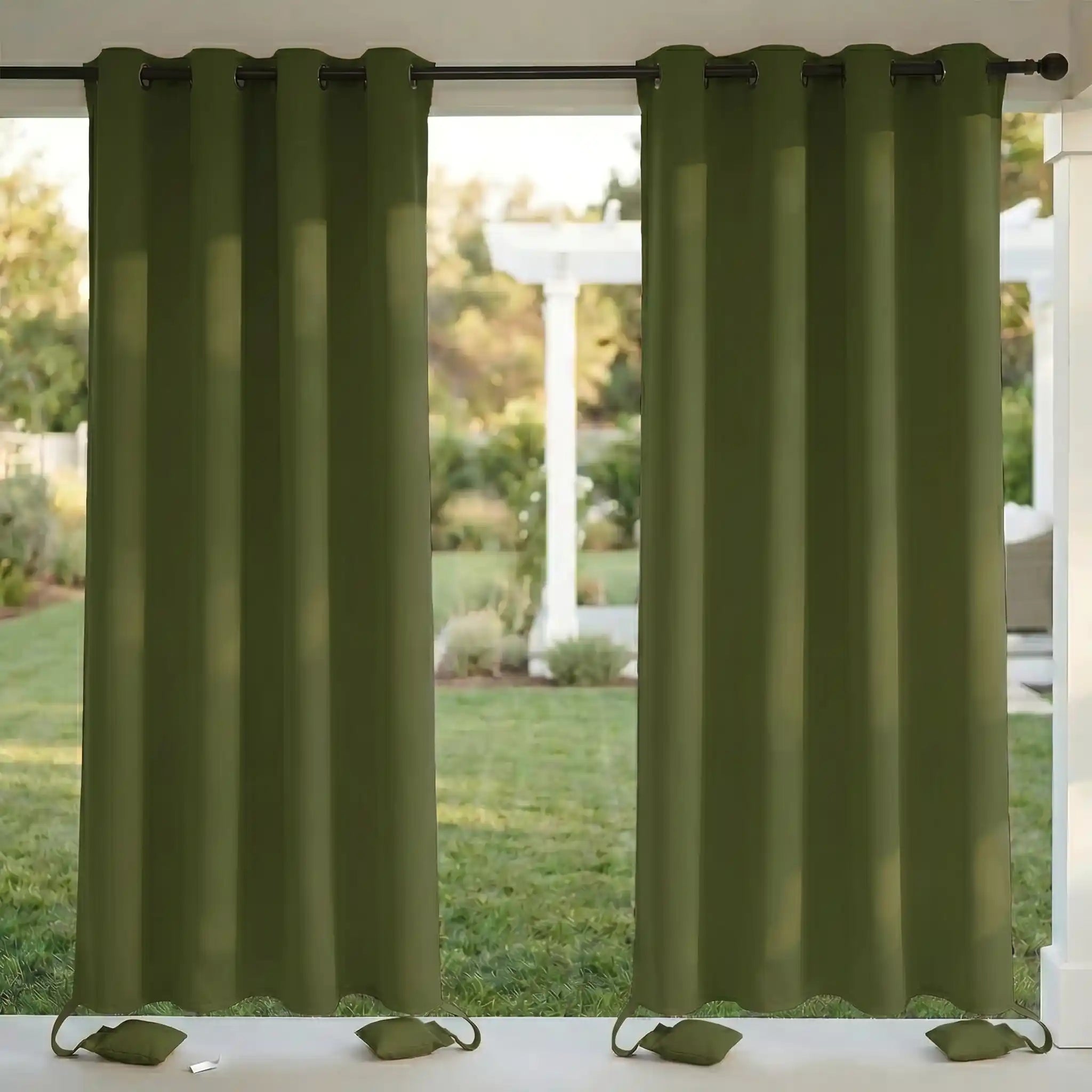 Outdoor waterproof curtain with grommet top and weighted bottom, windproof design by DWCN Official, suitable for outdoor use.