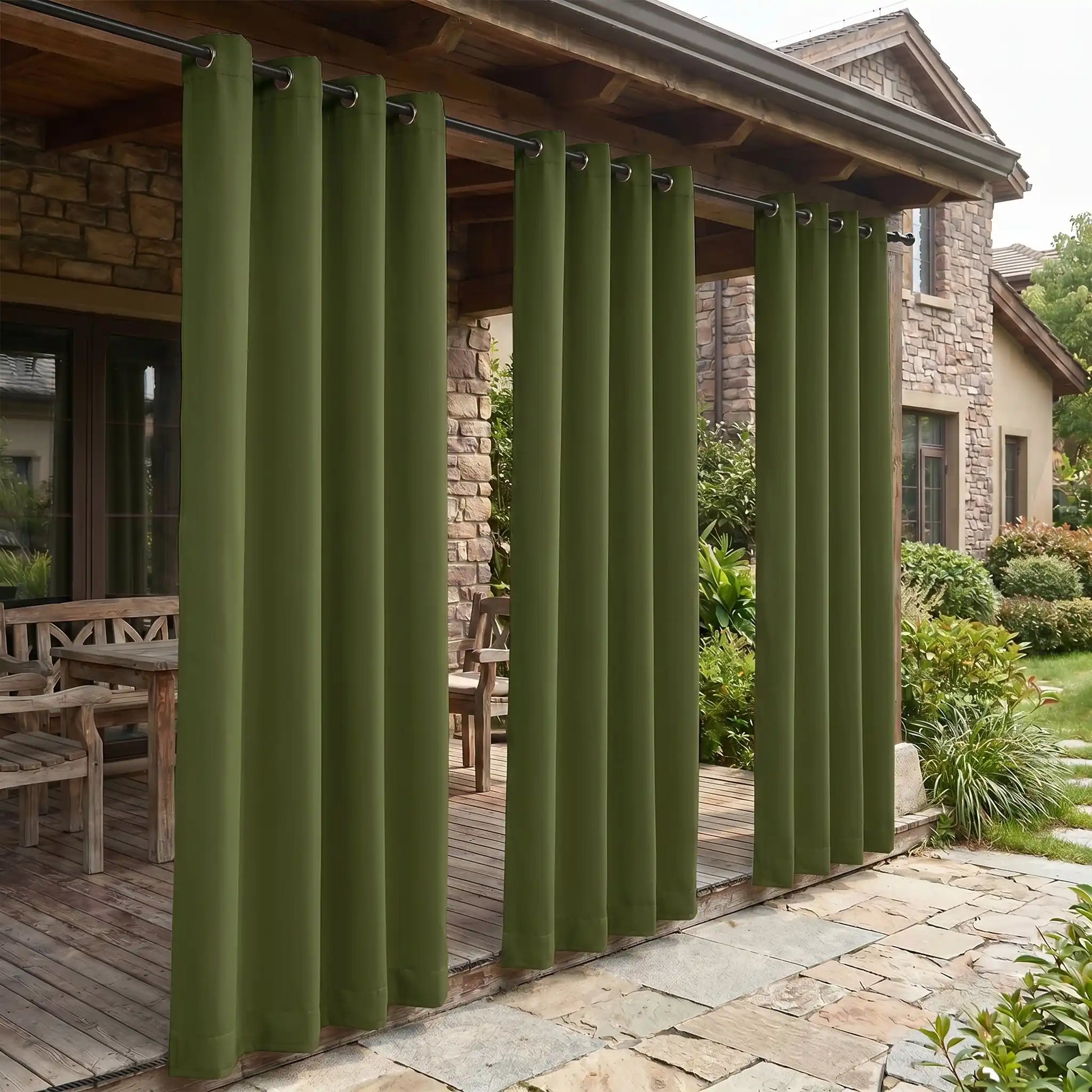 DWCN Official outdoor curtain with grommet top and ropes, windproof and waterproof fabric for outdoor weather protection.