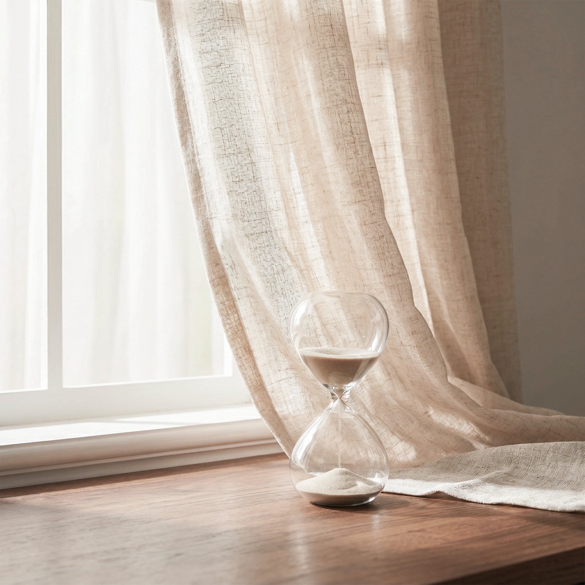 Rhea natural flax slub linen sheer curtain by DWCN Official hanging on window with soft natural light filtering through
