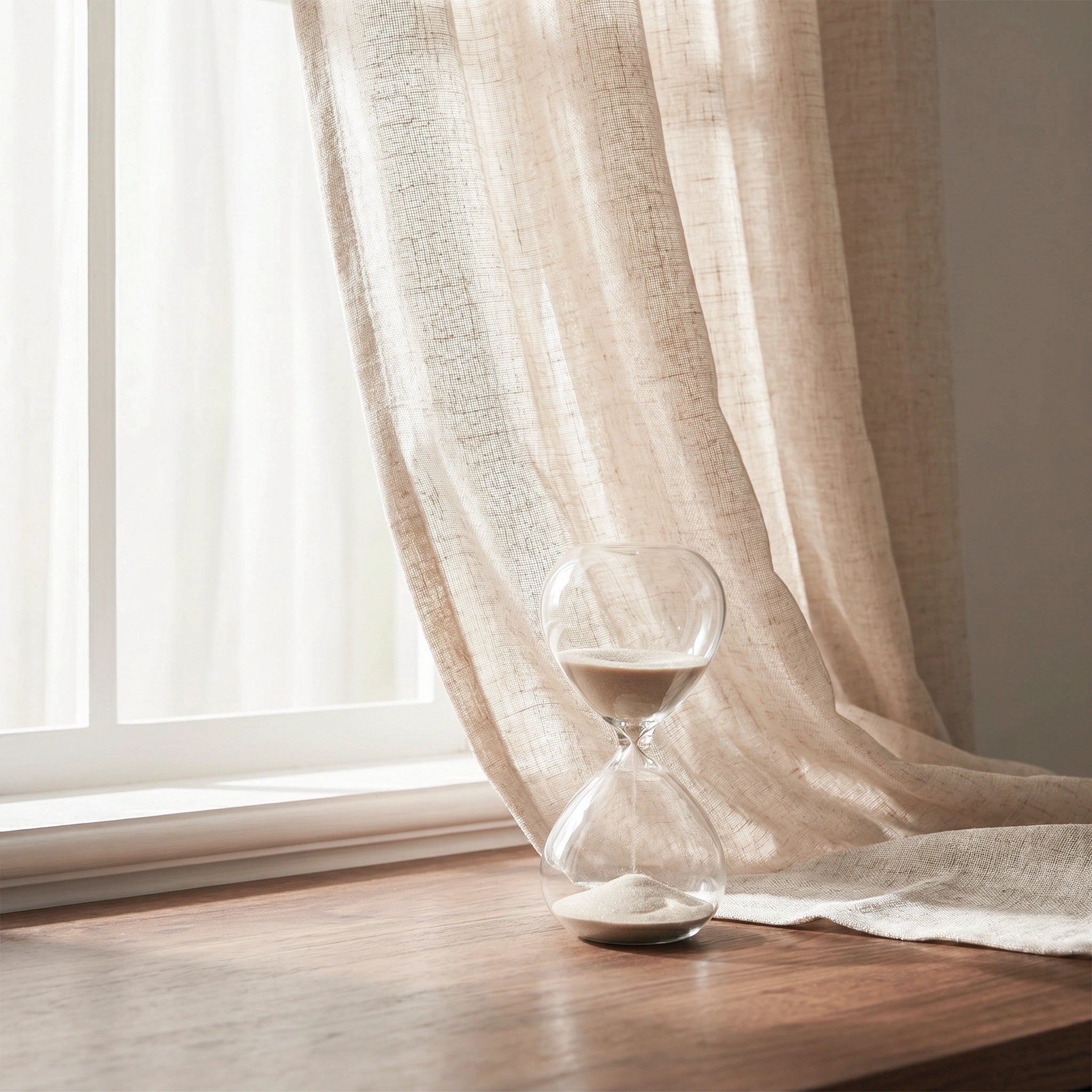 Rhea natural flax slub linen sheer curtain by DWCN Official hanging on window with soft natural light filtering through
