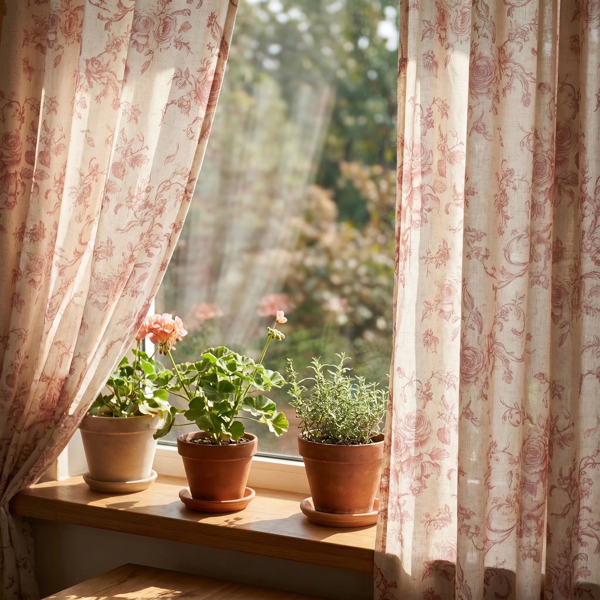 DWCN Official Antheia Millefiori patterned linen curtains with colorful floral design, hanging in a stylish window setting.