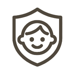 Icon of a shield with a smiling face inside on a white background - Dwcnhome