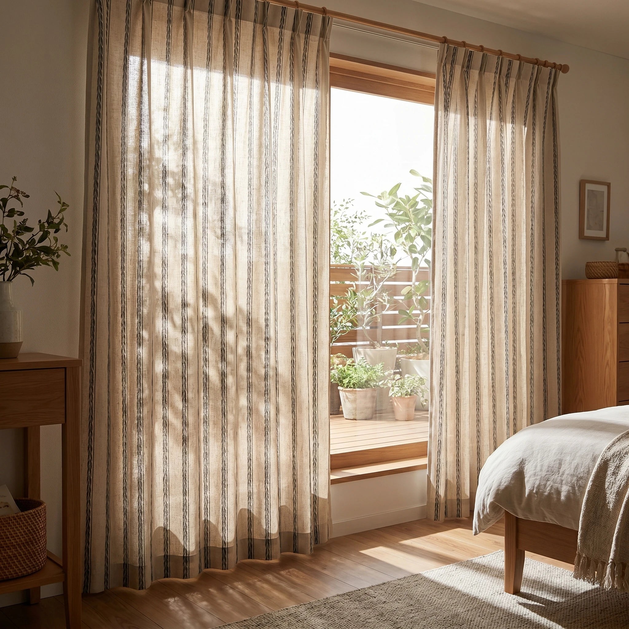 Demeter Aurata patterned linen curtains by DWCN Official hanging with gold curtain rings in a bright living room setting