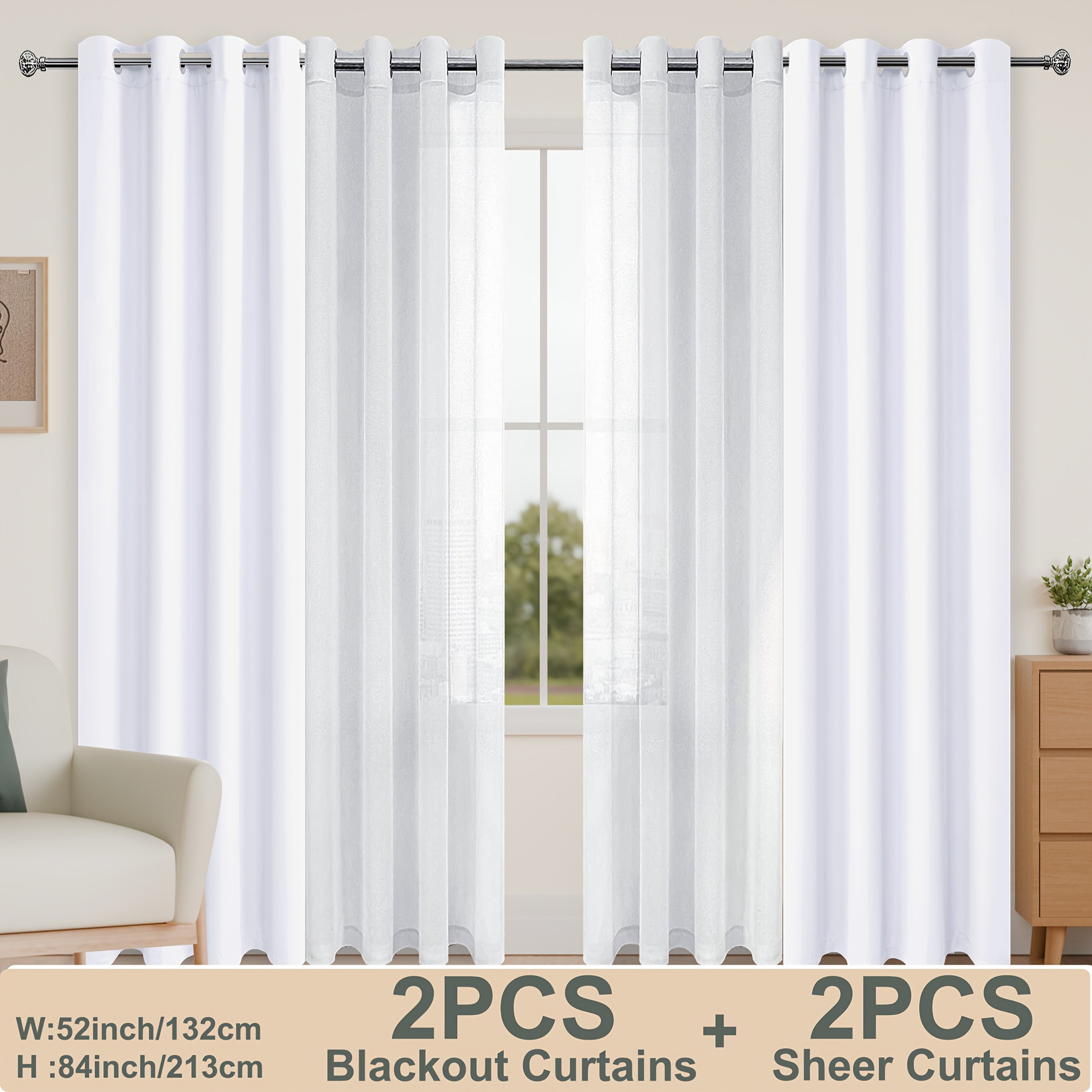 Set of four DWCN official curtains including two blackout curtains with tiebacks and two sheer curtains for window decor.