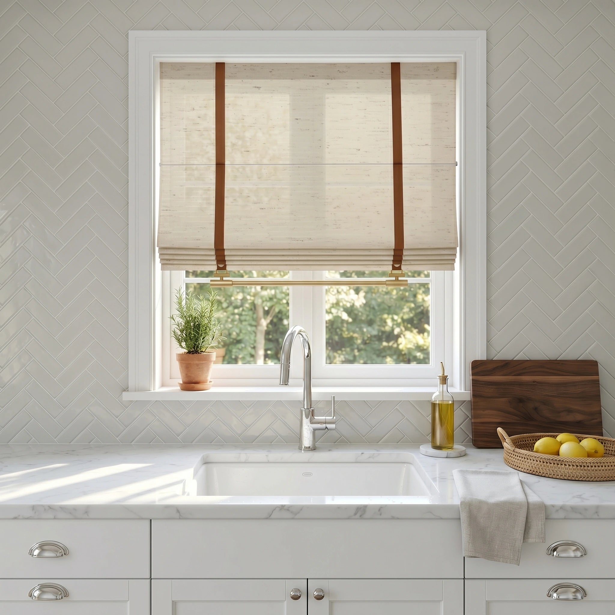 Close-up of Florence custom linen Roman shades by DWCN Official, showcasing elegant fabric and classic pleated design.