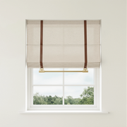 Elegant Florence custom linen Roman shades by DWCN Official featuring soft fabric folds and a neutral color for stylish window decor.