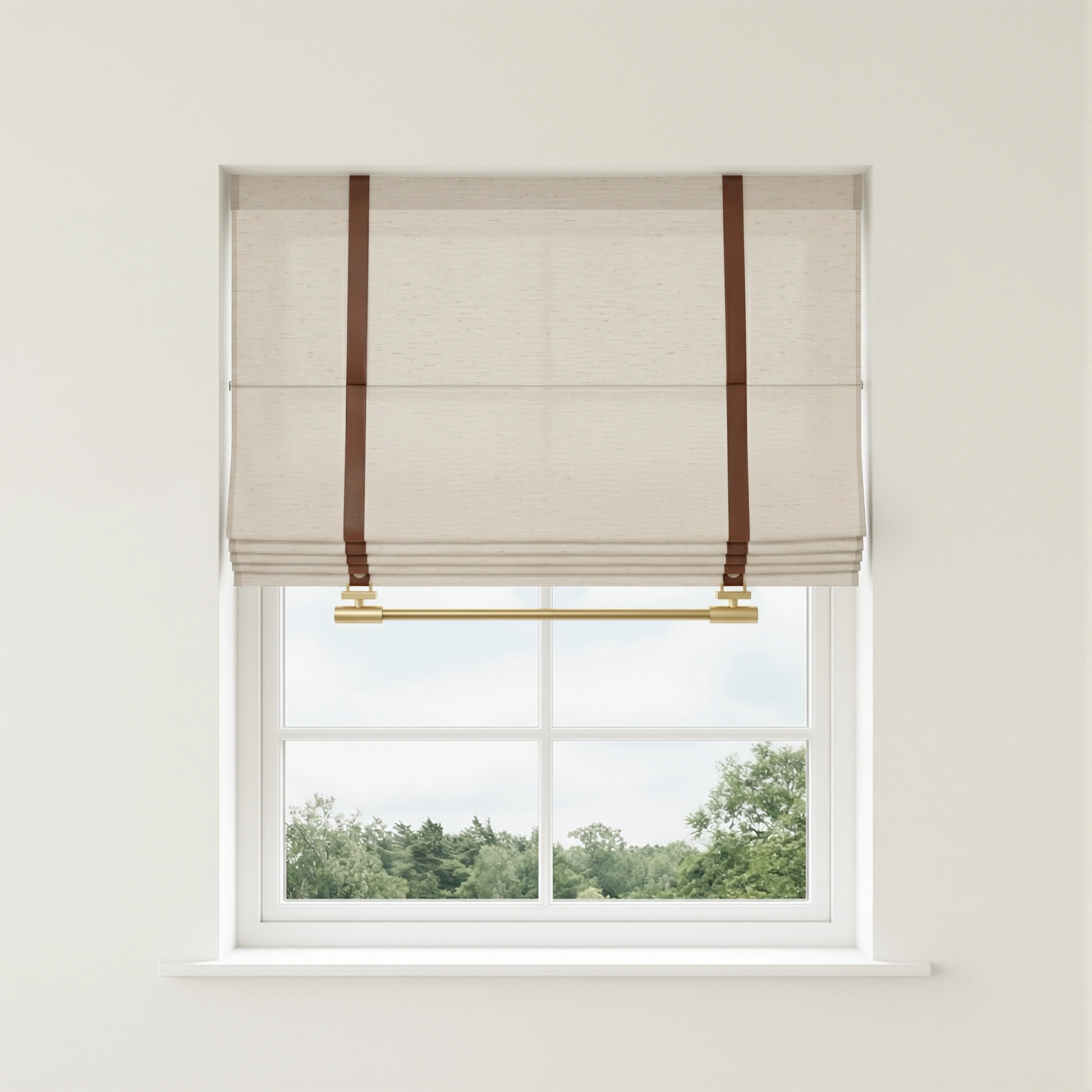 Elegant Florence custom linen Roman shades by DWCN Official featuring soft fabric folds and a neutral color for stylish window decor.