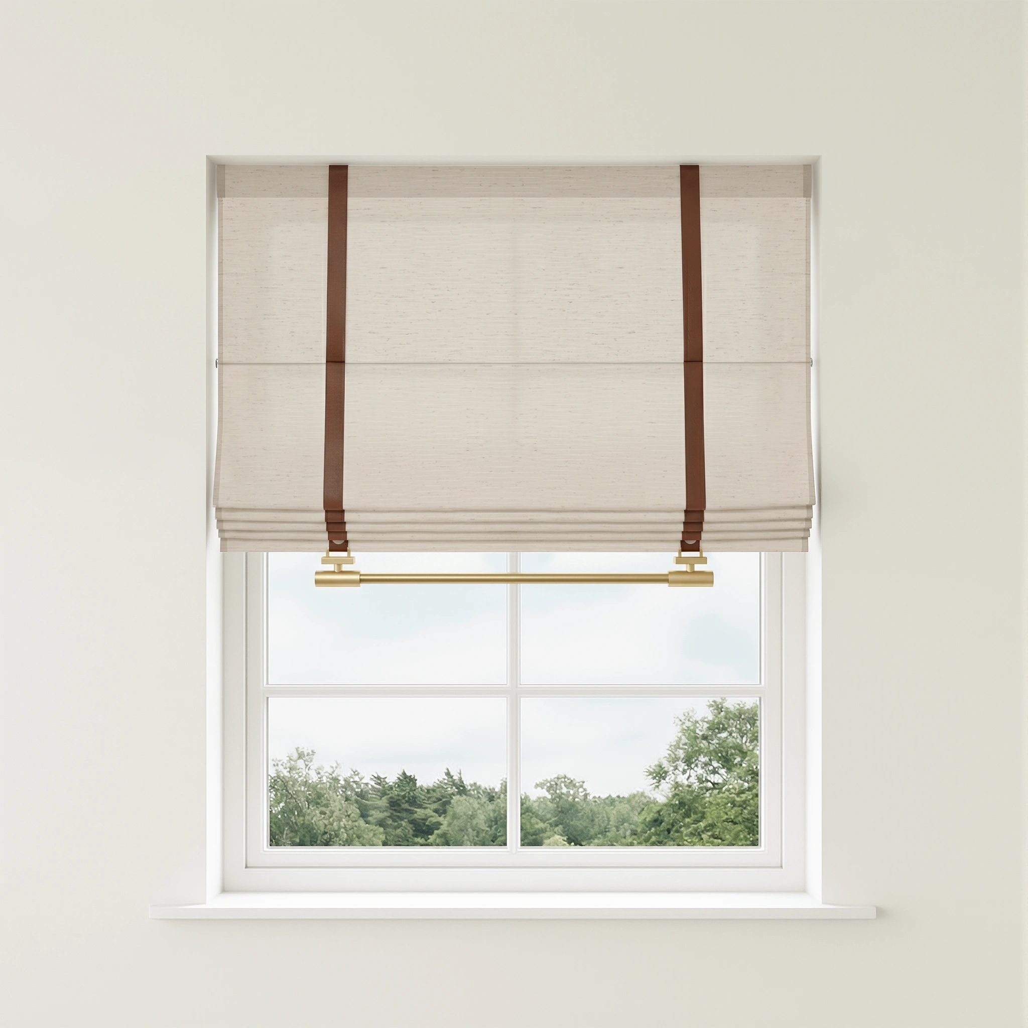 Elegant Florence custom linen Roman shades by DWCN Official featuring soft fabric folds and a neutral color for stylish window decor.