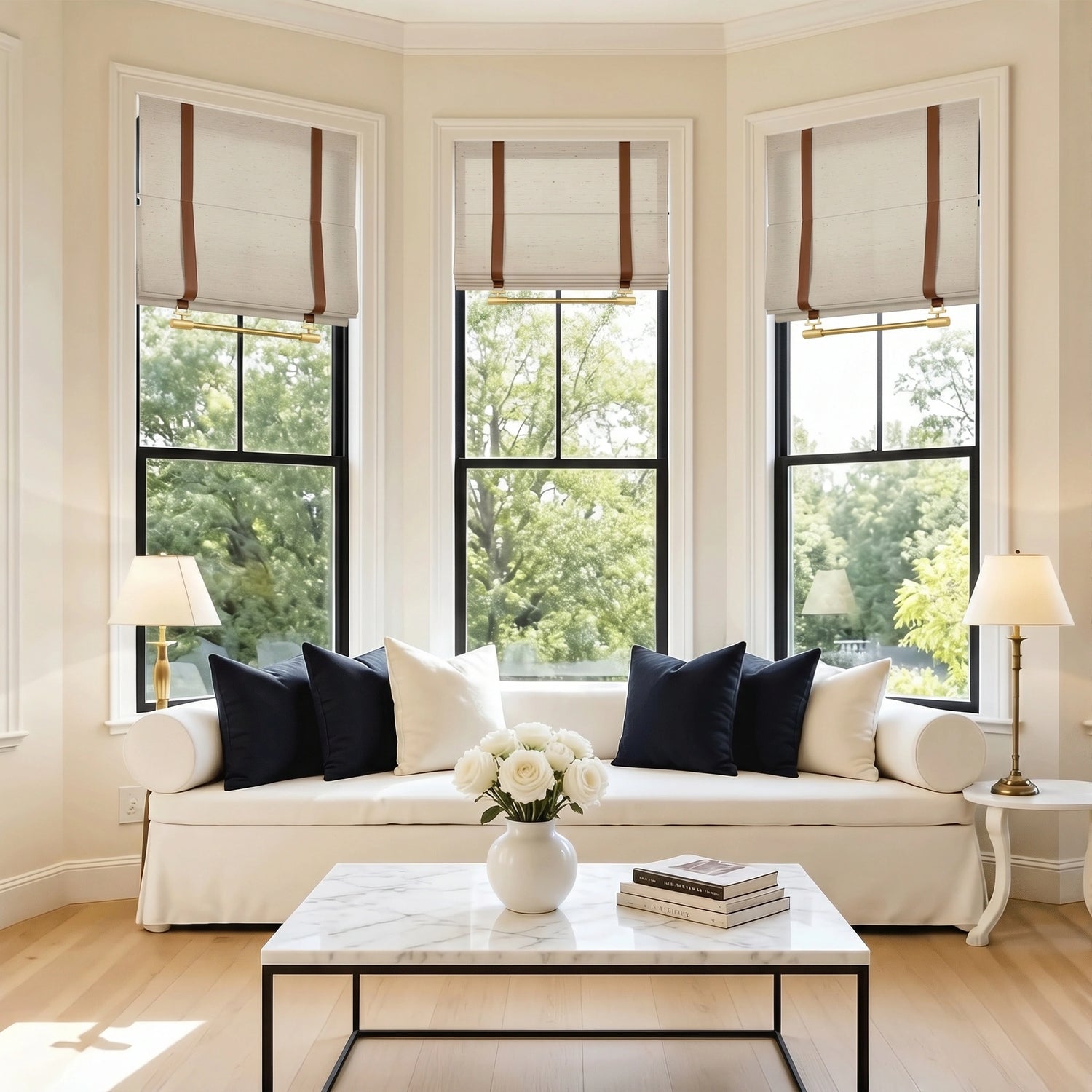 DWCN Official Florence custom linen Roman shades with soft fabric folds and elegant design, shown in a well-lit interior setting.