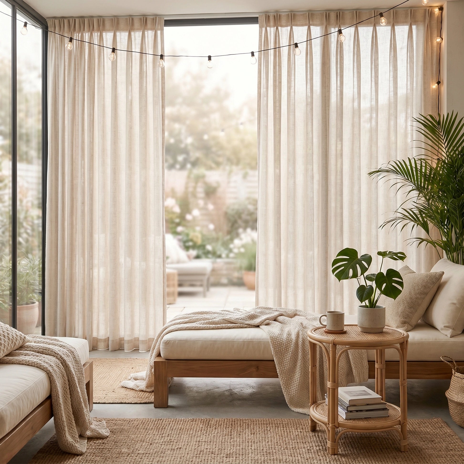 Light and airy Daphne Wheat Grid Linen Sheer Curtain by DWCN Official hanging in a window, showcasing breathable, textured fabric.