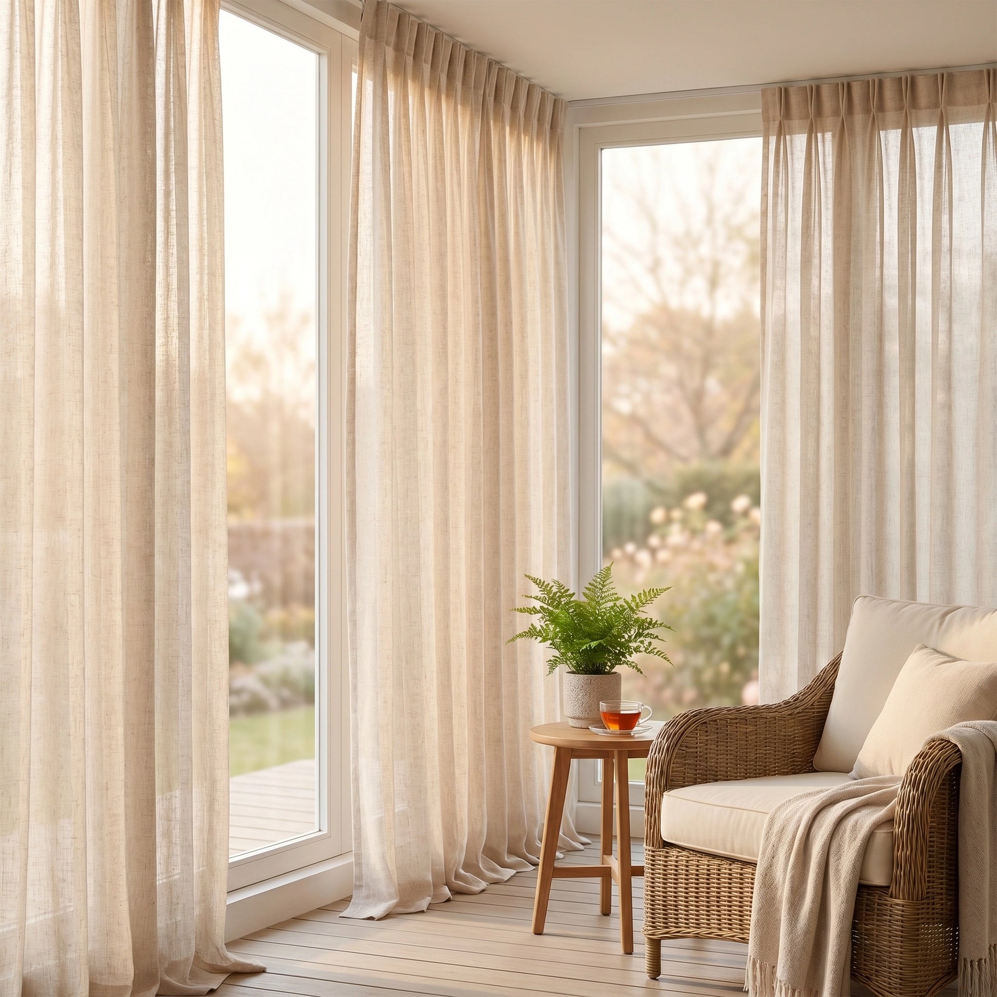 Light beige Daphne Wheat Grid Linen Sheer Curtain by DWCN Official hanging in a window, featuring a woven wheat pattern and semi-transparent fabric.