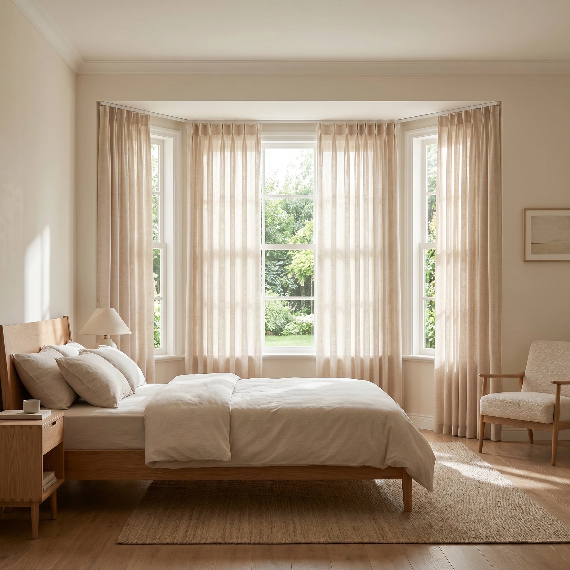 Daphne Wheat Grid Linen Sheer Curtain by DWCN Official hanging on window with soft natural light, showcasing airy, textured fabric.