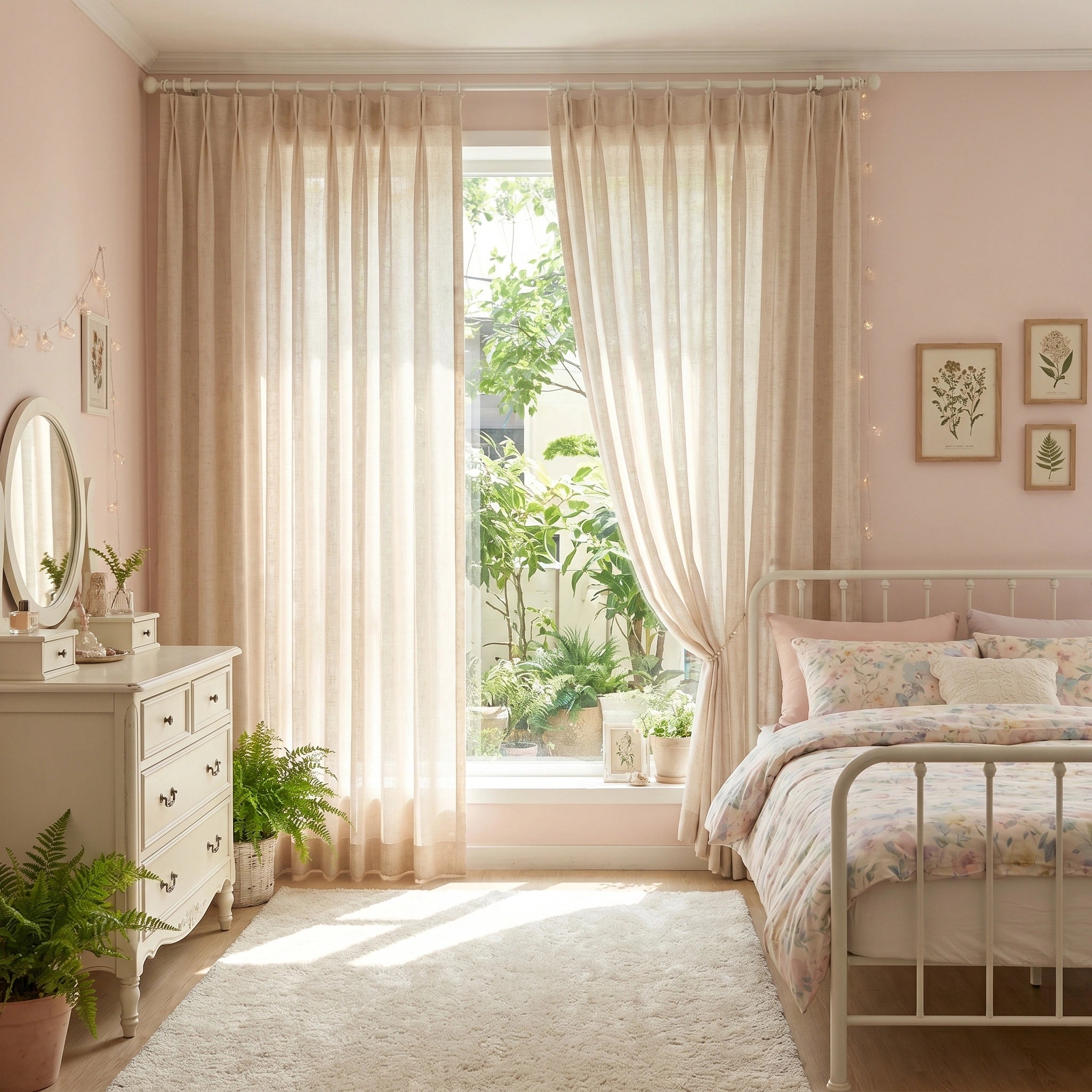 Light-diffusing Daphne Wheat Grid Linen Sheer Curtain by DWCN Official hanging in a window, showcasing its soft, airy fabric and subtle grid pattern.