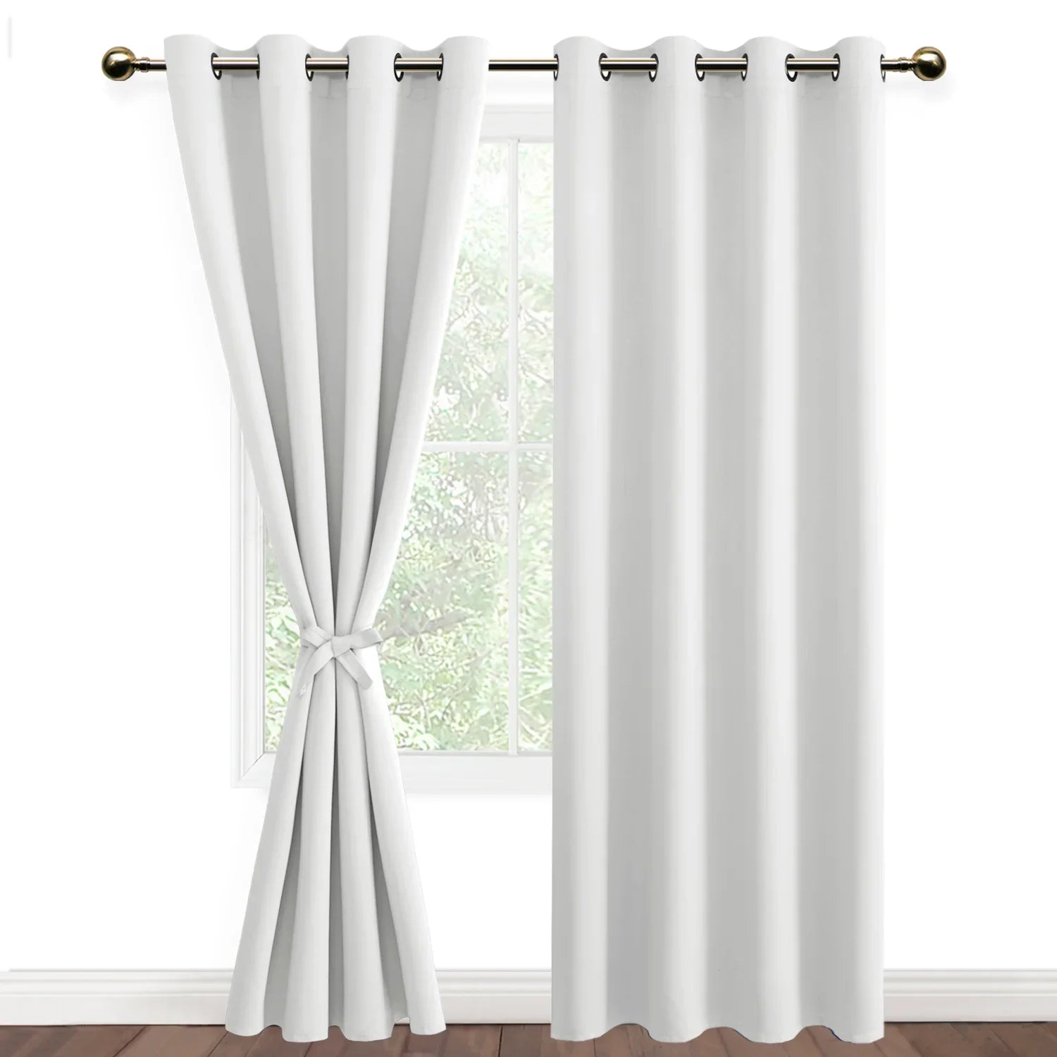 Set of two DWCN black blackout curtains with tiebacks, tailored window panels designed to block light and enhance privacy.