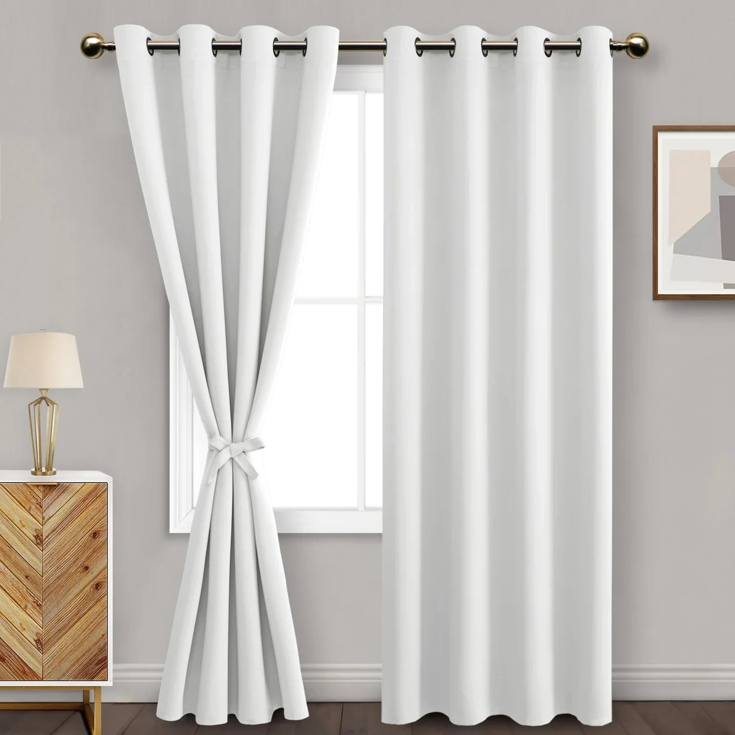 Pair of DWCN Official black blackout curtains with tiebacks, featuring dark fabric and elegant design, set of 2 panels.