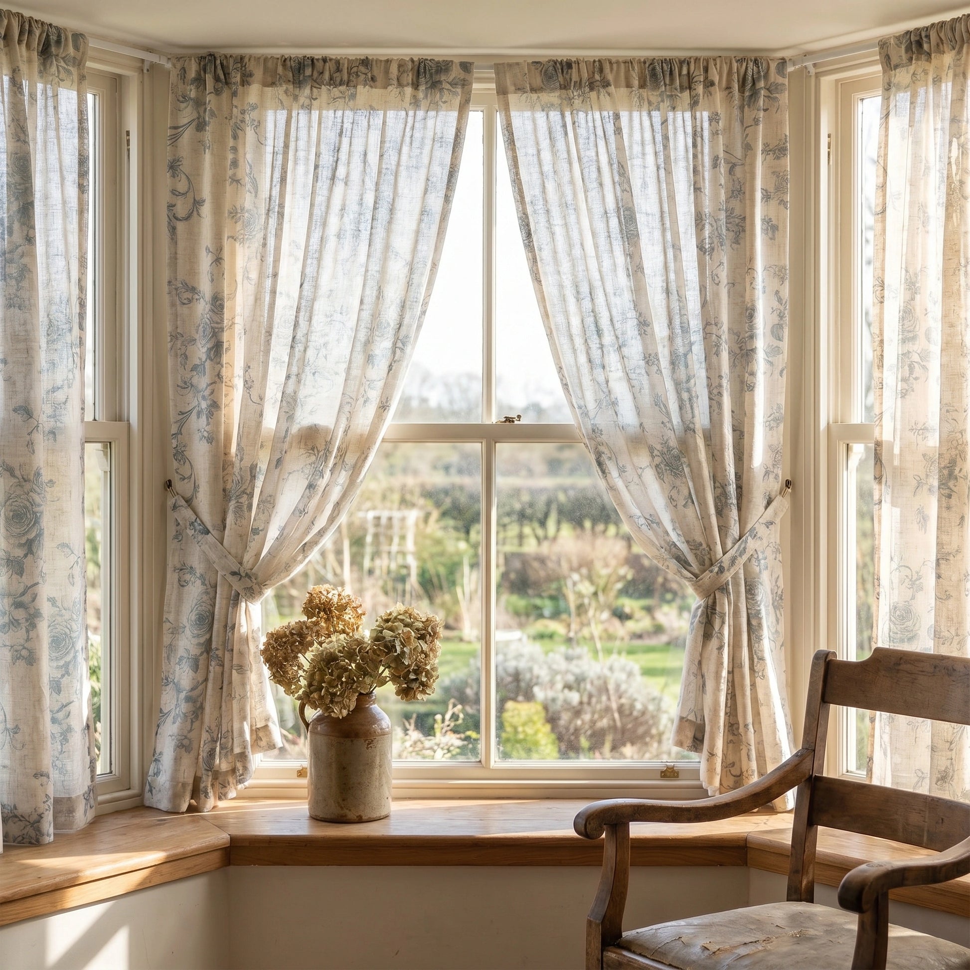 DWCN Official Antheia Millefiori patterned linen curtains with colorful floral design hanging on a window.