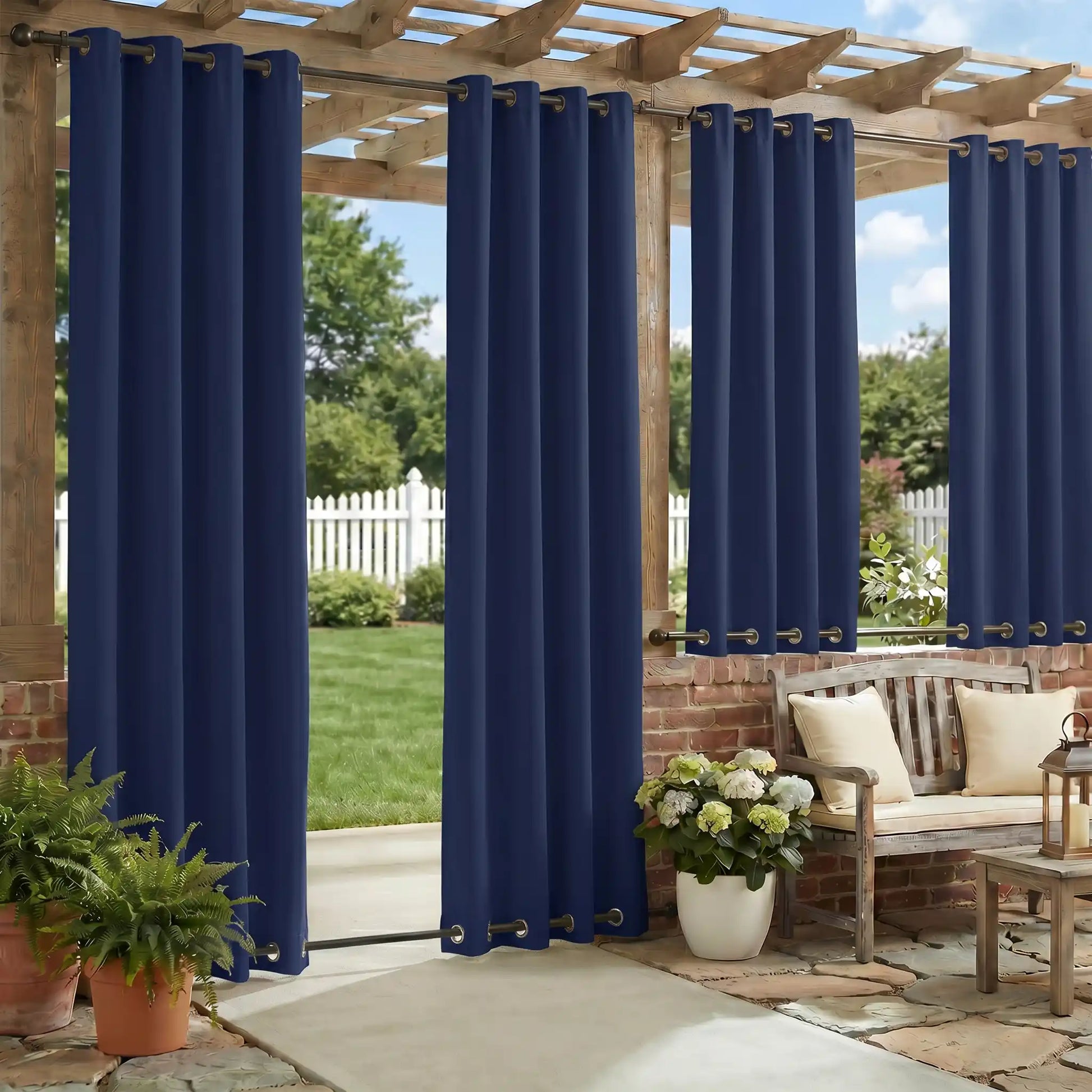 Waterproof outdoor curtains with grommet tops and bottoms, windproof design, in neutral fabric, by DWCN Official.
