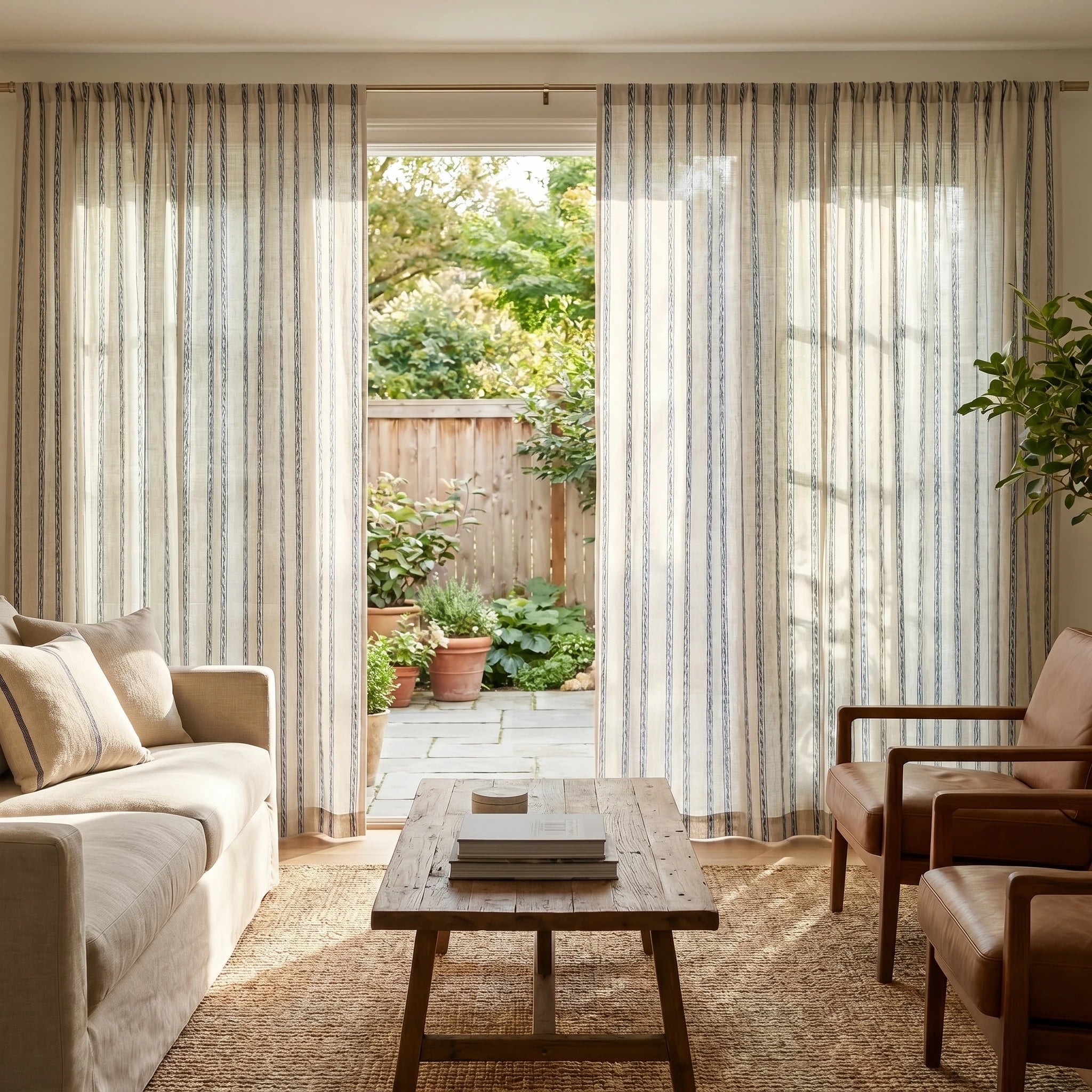 Demeter Aurata patterned linen curtains by DWCN Official hanging in a living room with natural light and elegant decor.