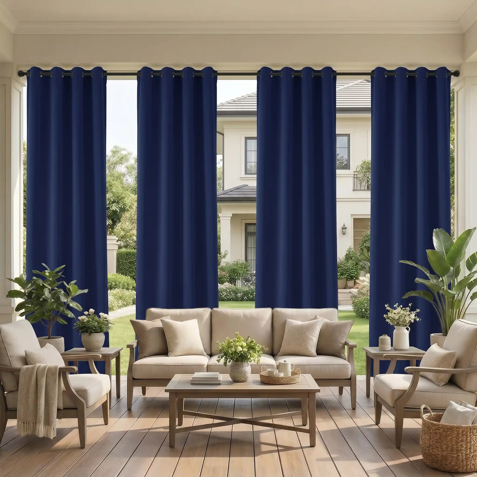 DWCN Official grommet top outdoor curtain with ropes, windproof and waterproof fabric hanging in a garden setting