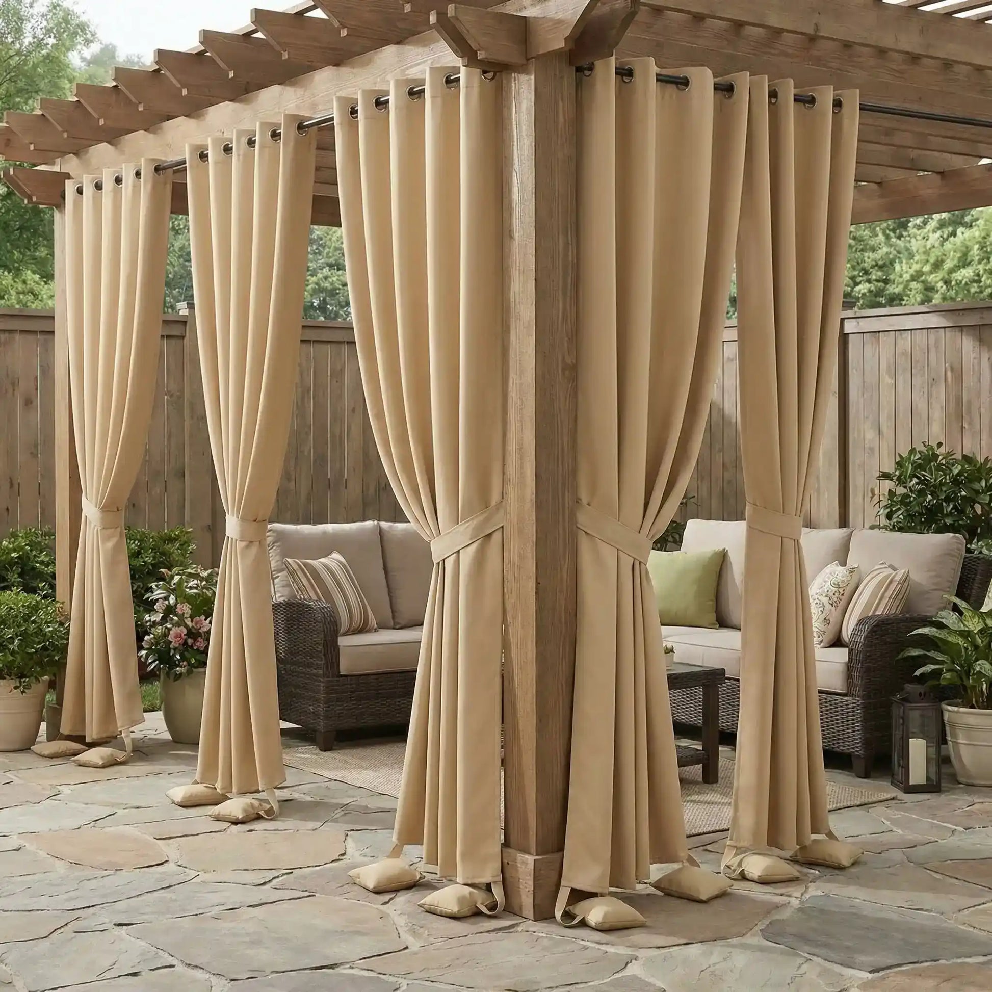 Outdoor waterproof curtain with grommet top and weighted bottom bags, windproof design by DWCN Official.