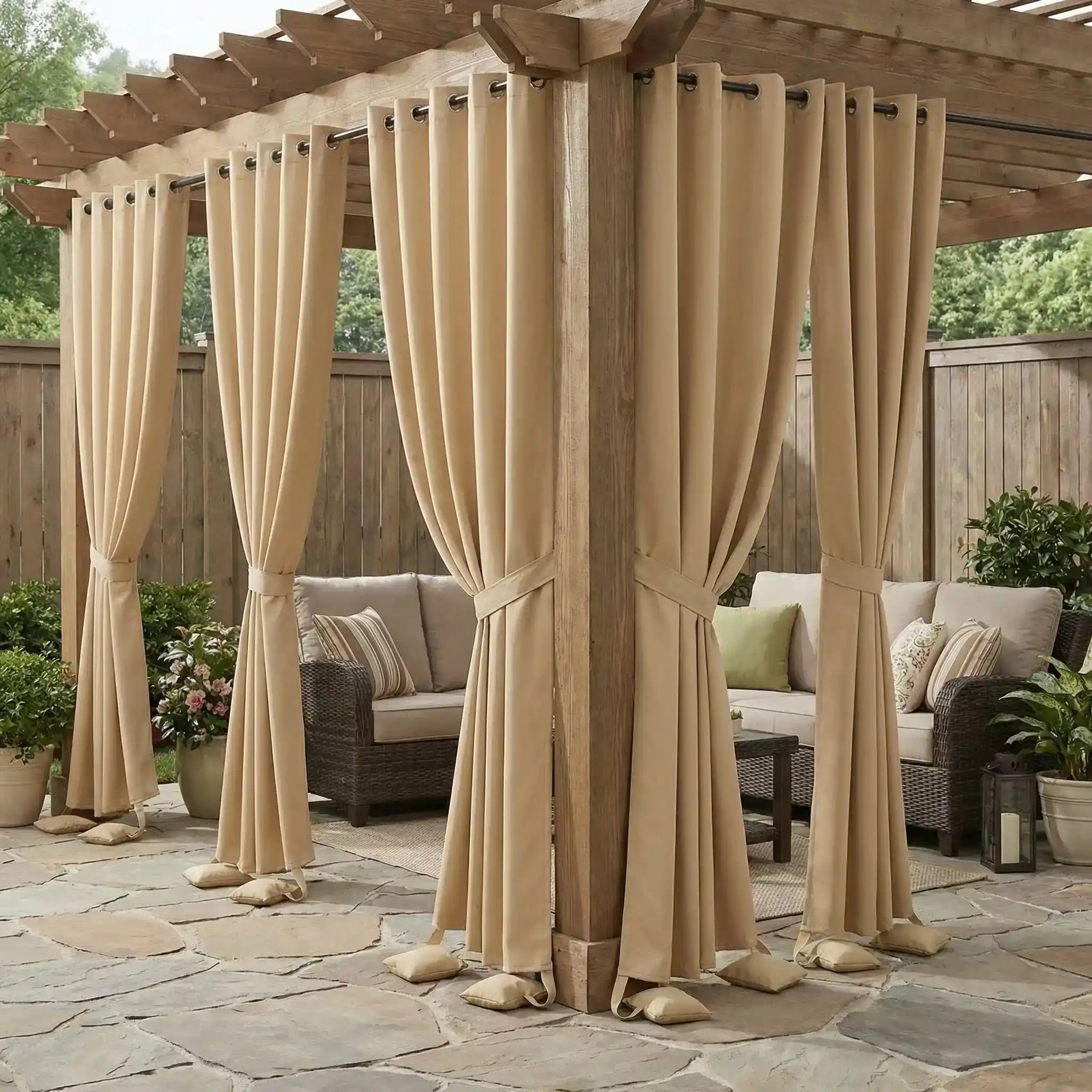 Outdoor waterproof curtain with grommet top and weighted bottom bags, windproof design by DWCN Official.