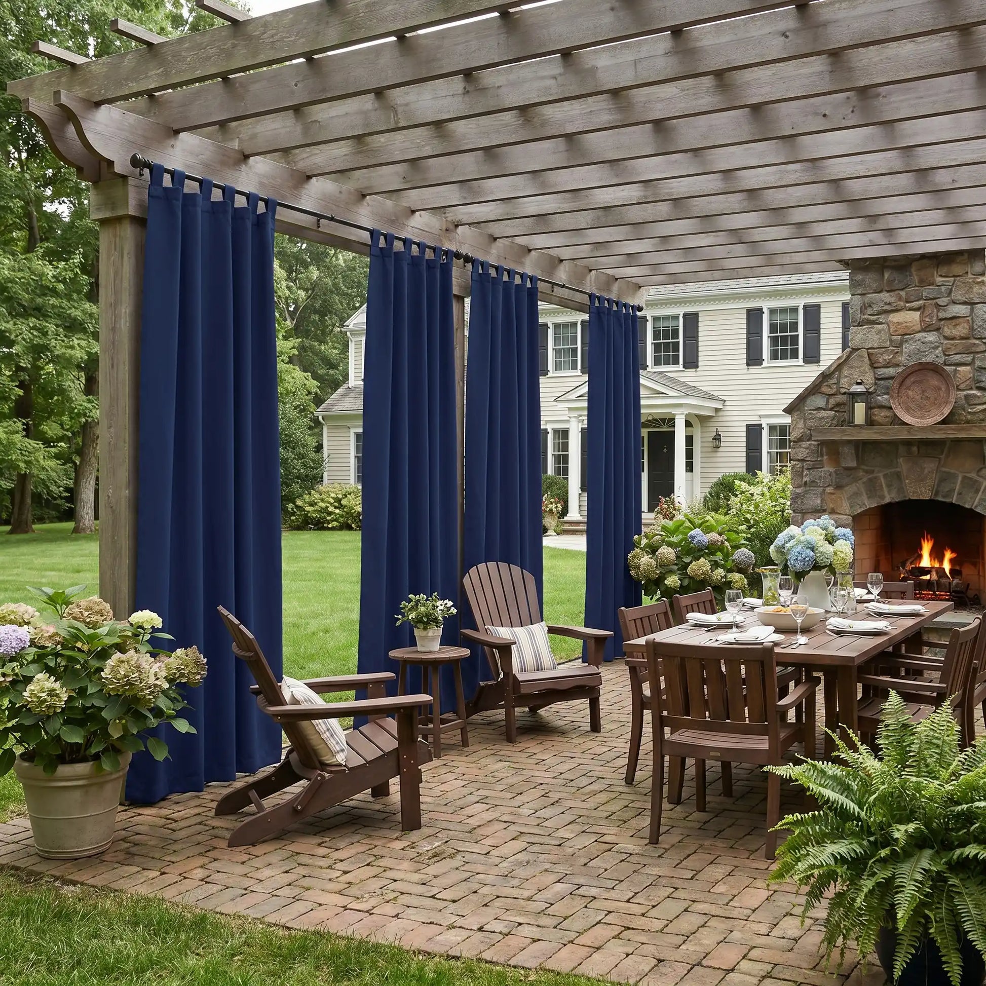 DWCN Official outdoor curtain with tab tops and ropes, windproof and waterproof for outdoor weather protection.