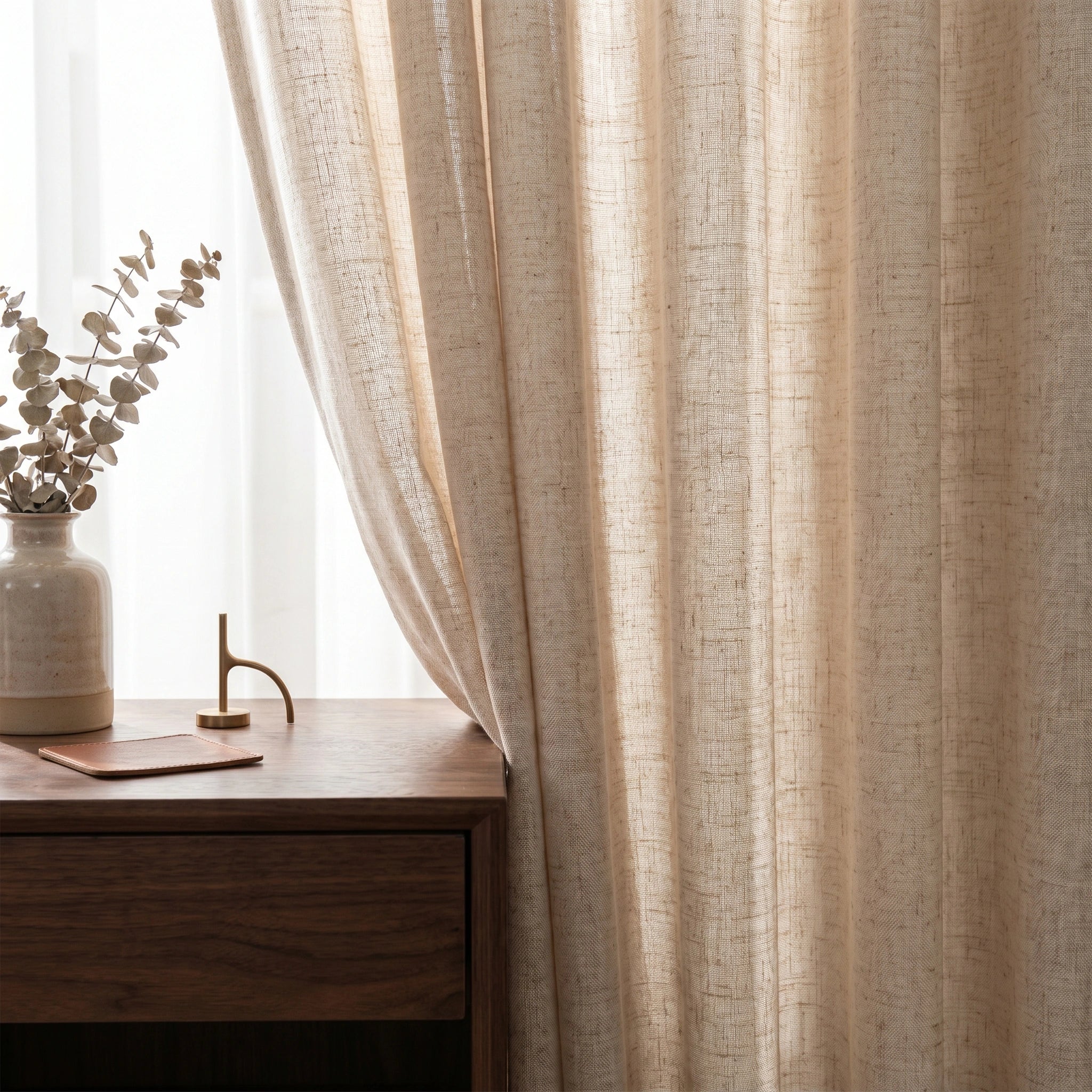 Daphne Wheat Grid Linen Sheer Curtain by DWCN Official hanging with sunlight filtering through, showcasing airy, textured fabric.
