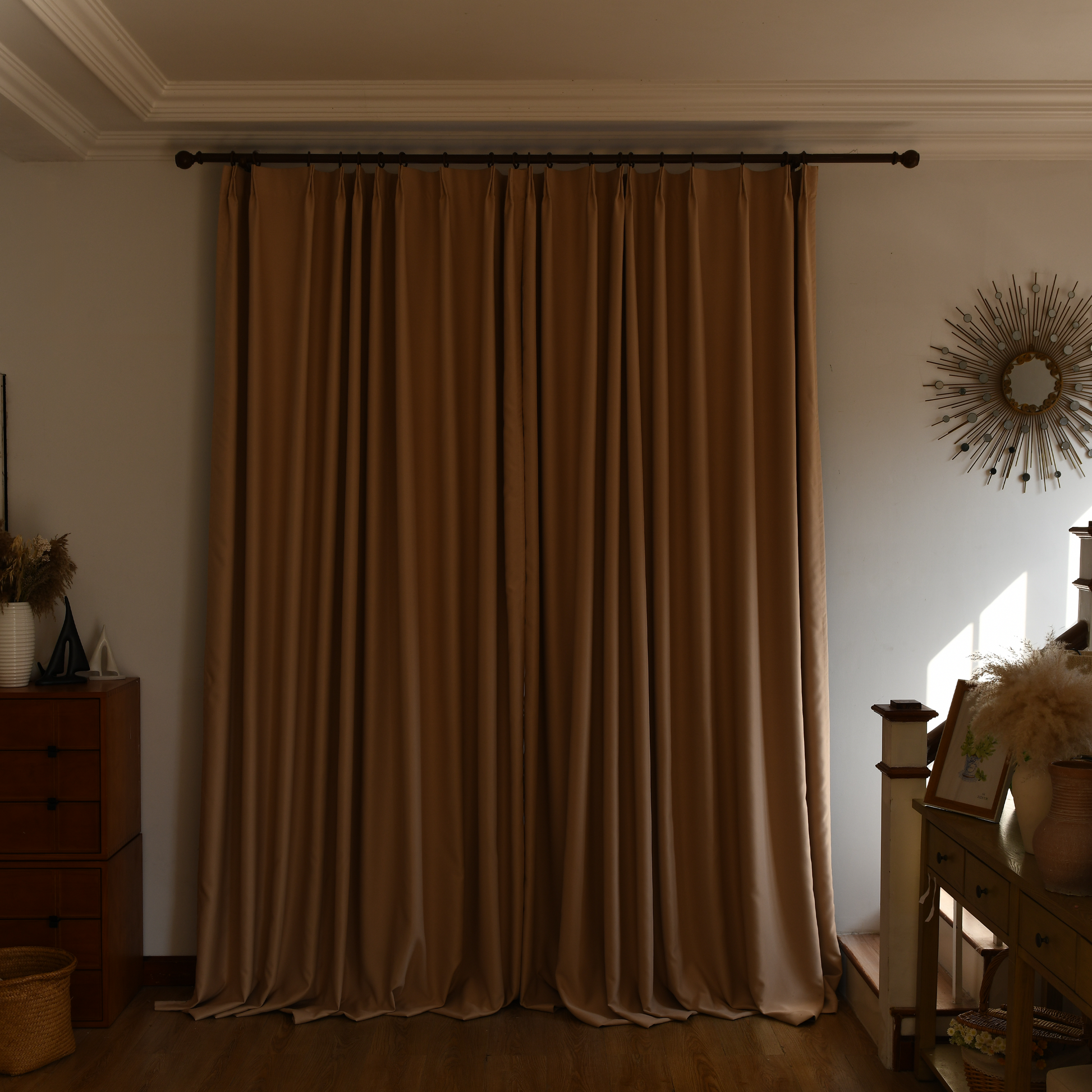Black silk-fiber blackout curtains by DWCN Official, showing seamless, smooth fabric with a modern design for total light blocking.