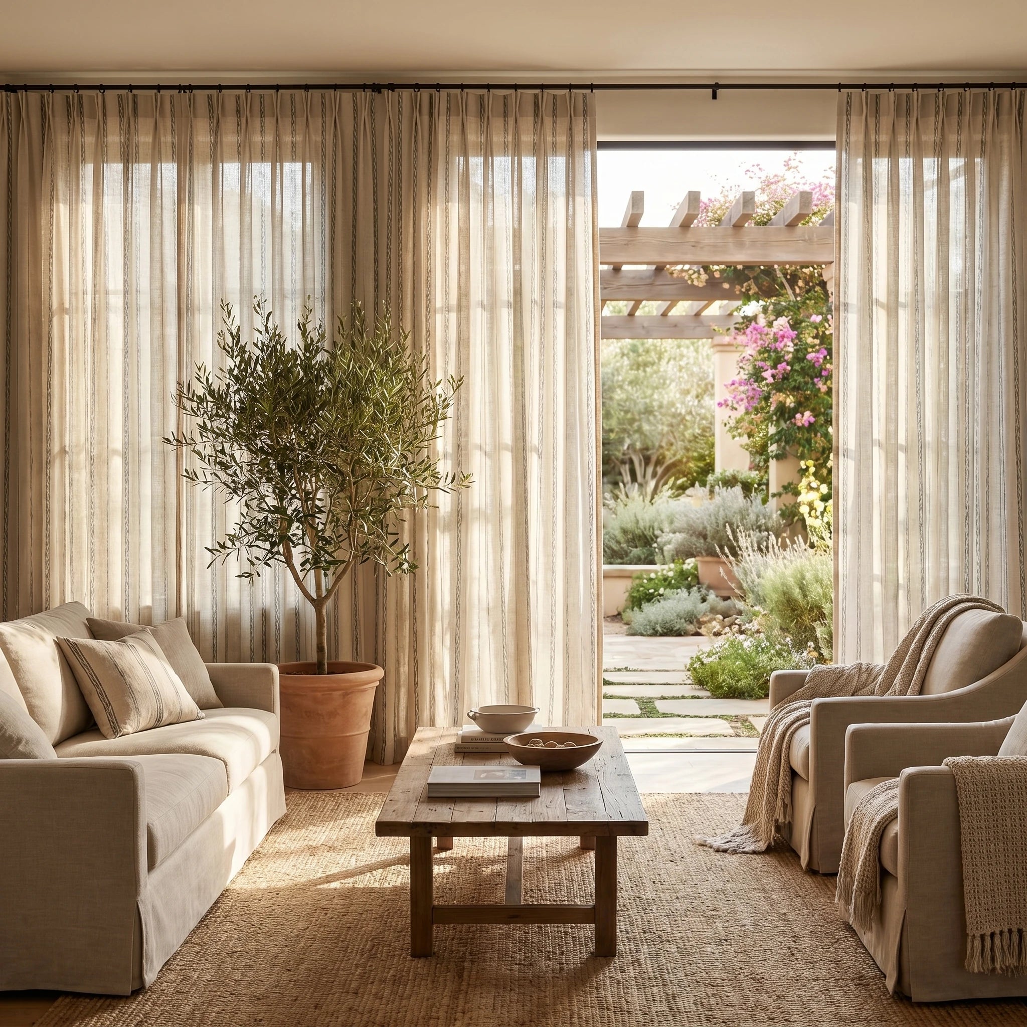 Demeter Aurata patterned linen curtains by DWCN Official hanging in a bright room, showcasing their elegant floral design and lightweight fabric.