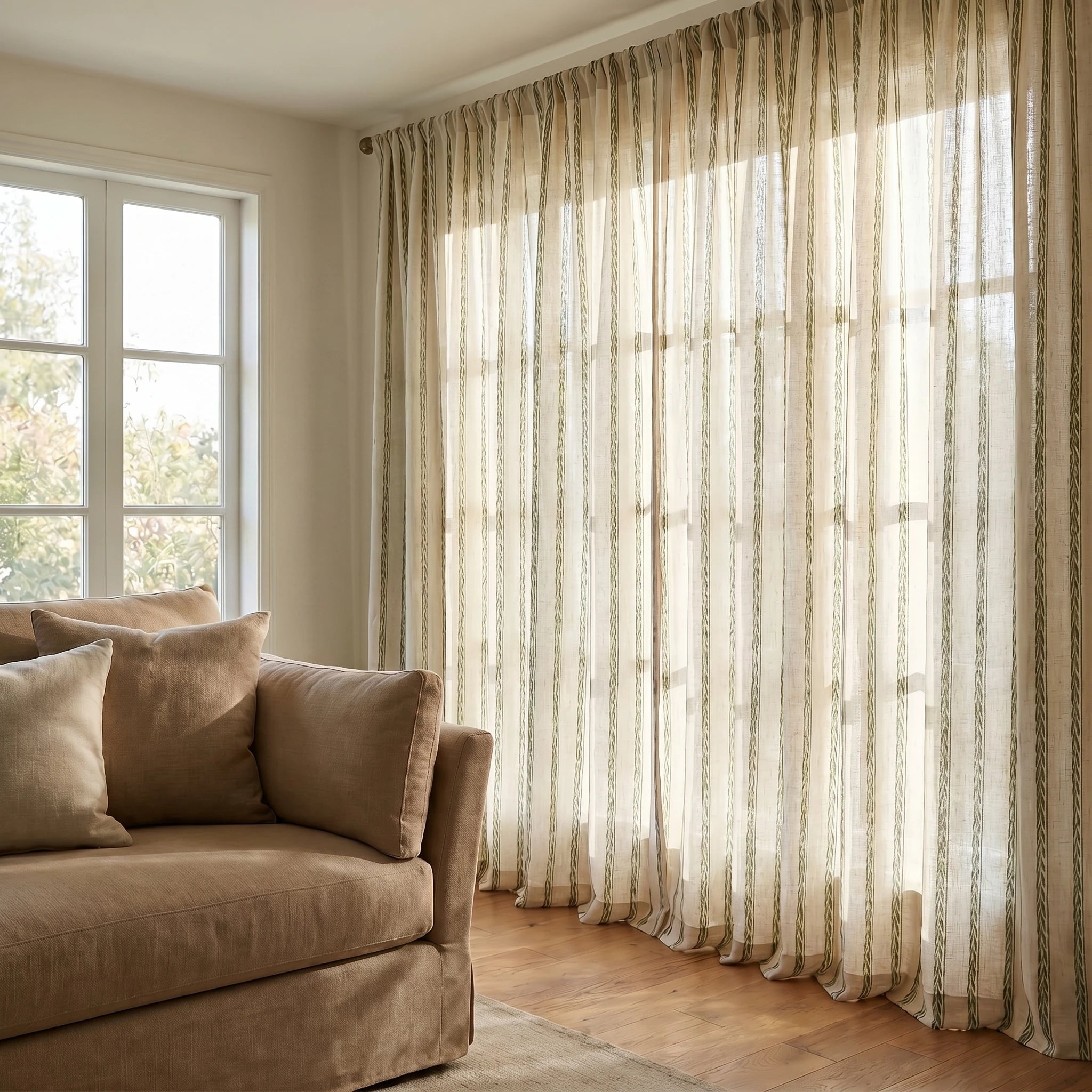 Demeter Aurata patterned linen curtains by DWCN Official, showcasing elegant fabric with gold and white botanical design.