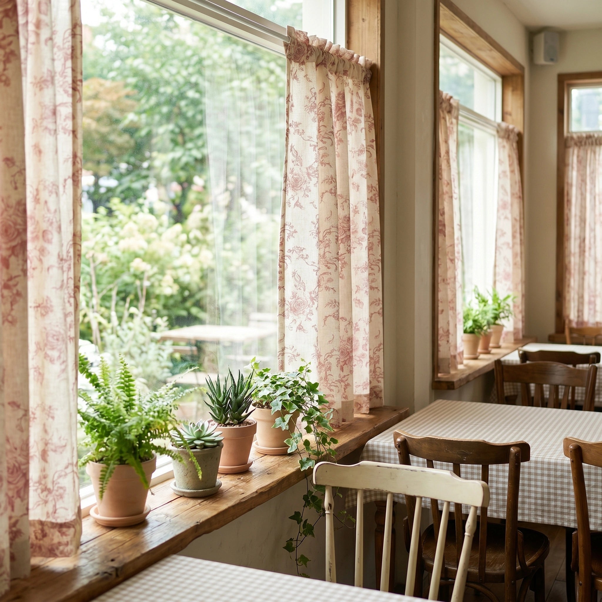 DWCN Official Antheia Millefiori patterned linen curtains hanging in a room with sunlight filtering through.