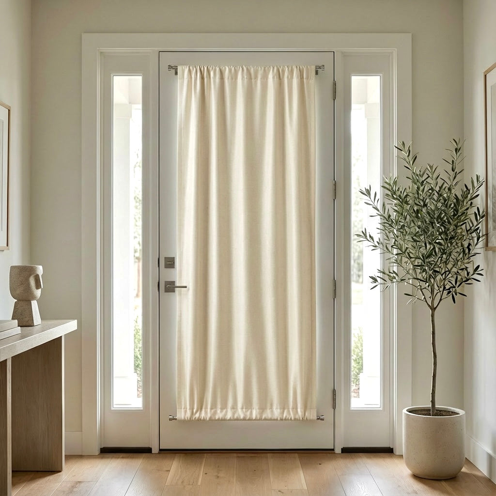 Black luxury silk-fiber French door blackout curtains in black from DWCN Official, hanging elegantly in a modern room.