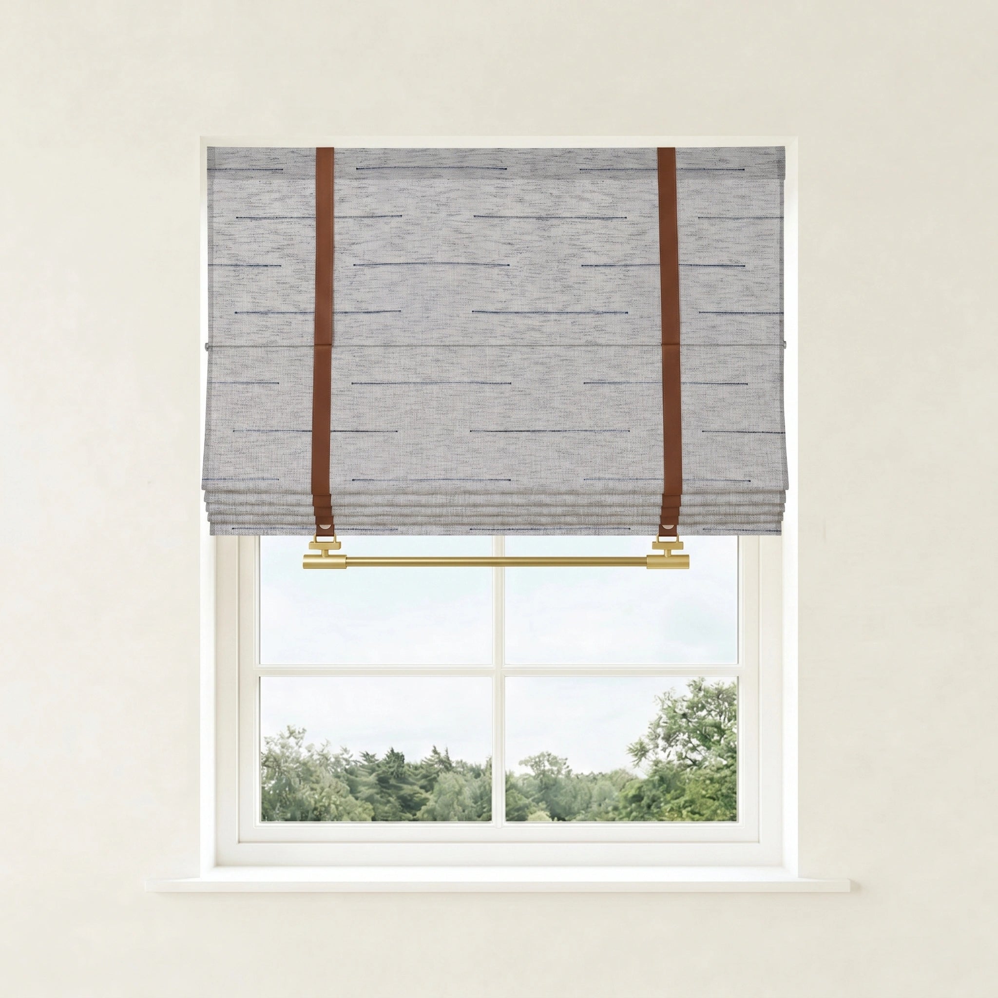 Custom linen Roman shades by DWCN Official featuring elegant pleats and a neutral color, suitable for stylish window treatments.