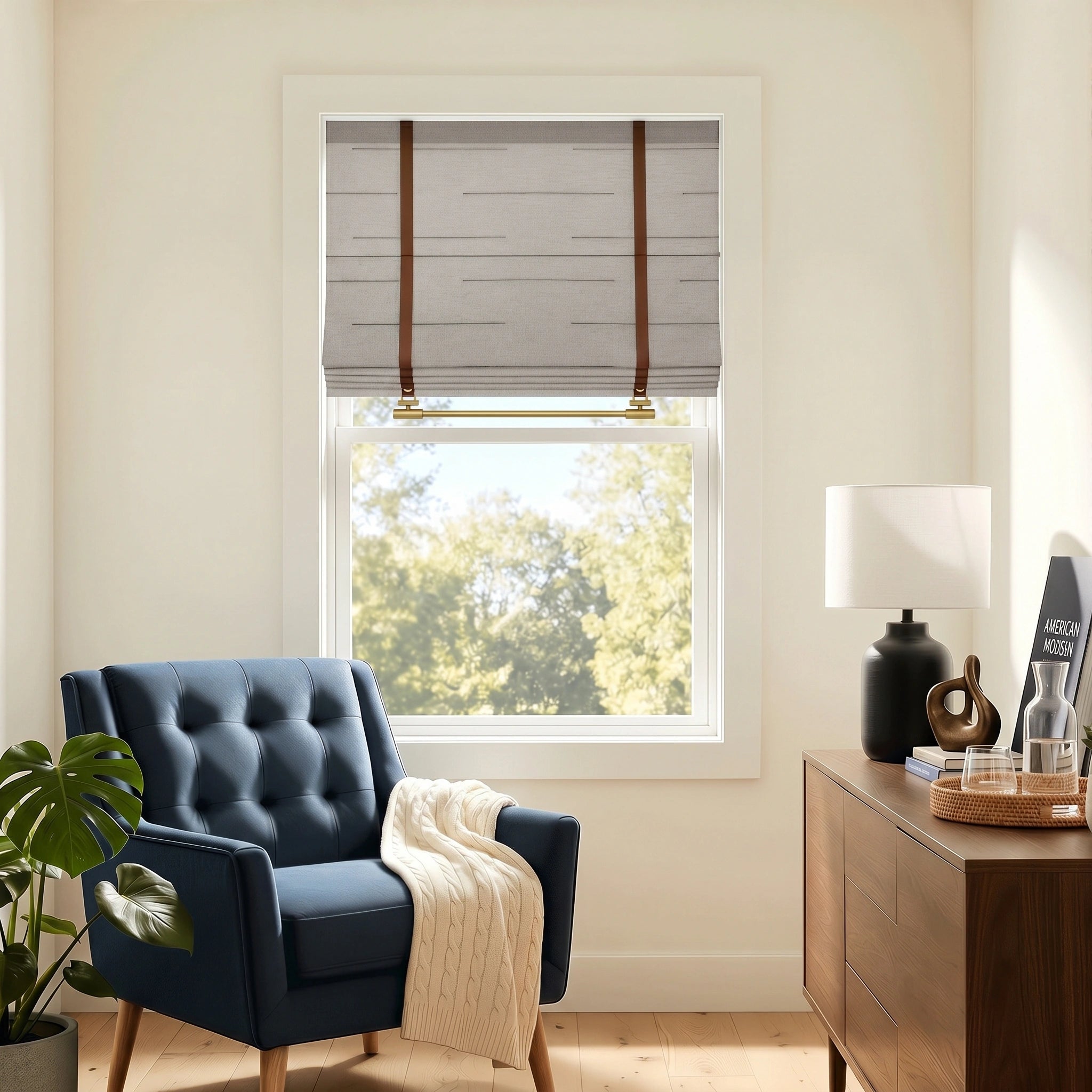 Elegant linen Roman shades with a custom design by DWCN Official, featuring soft fabric and stylish pleats.