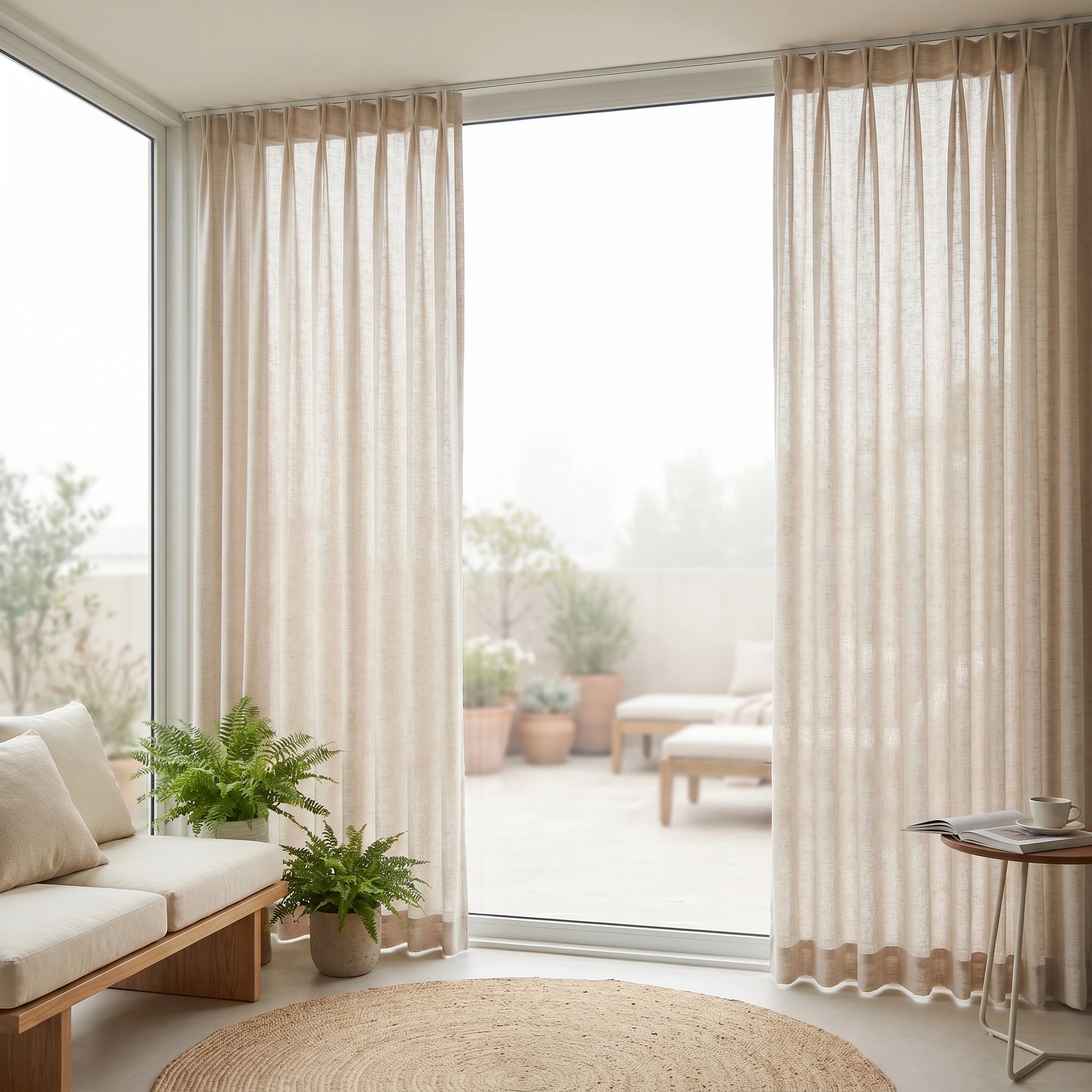 DWCN Official Leto Sandstone Slub Linen Sheer Curtain hanging, lightweight linen fabric with a natural, textured appearance.