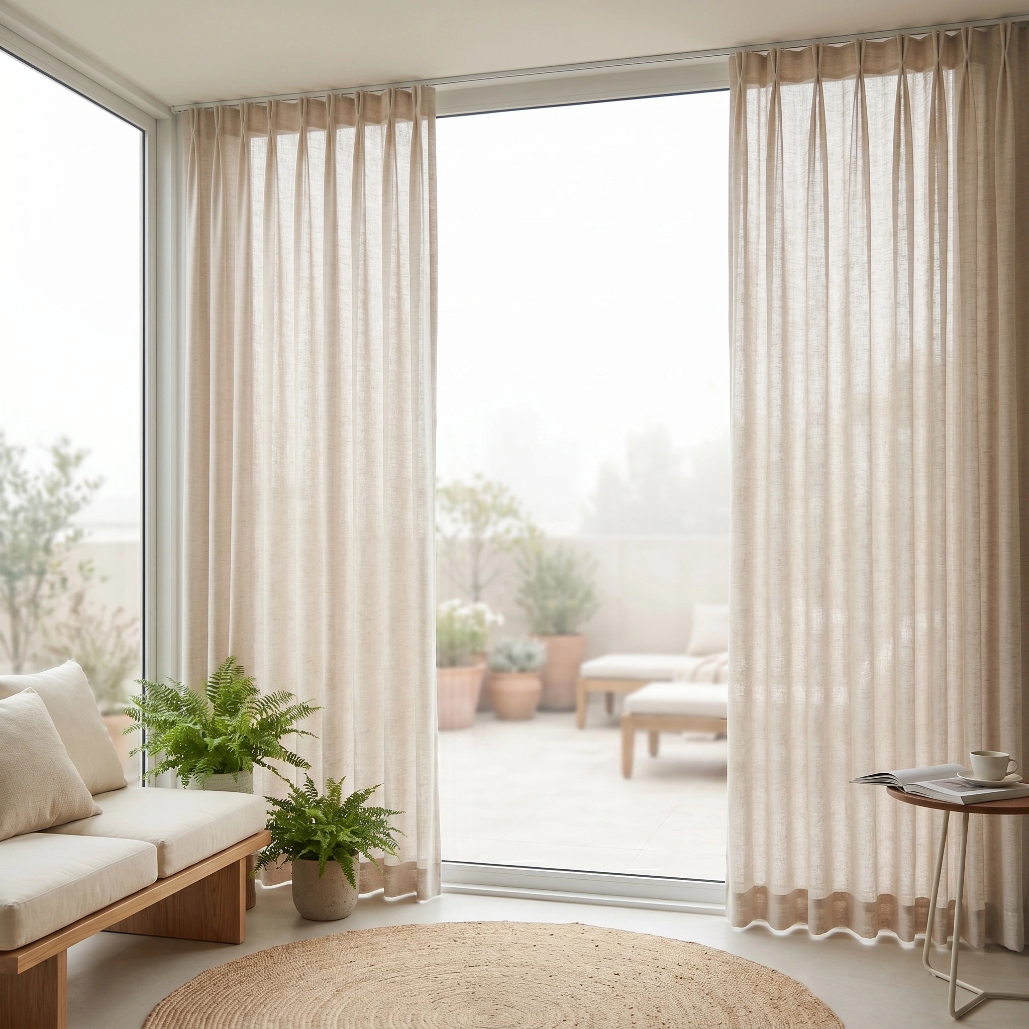 DWCN Official Leto Sandstone Slub Linen Sheer Curtain hanging, lightweight linen fabric with a natural, textured appearance.