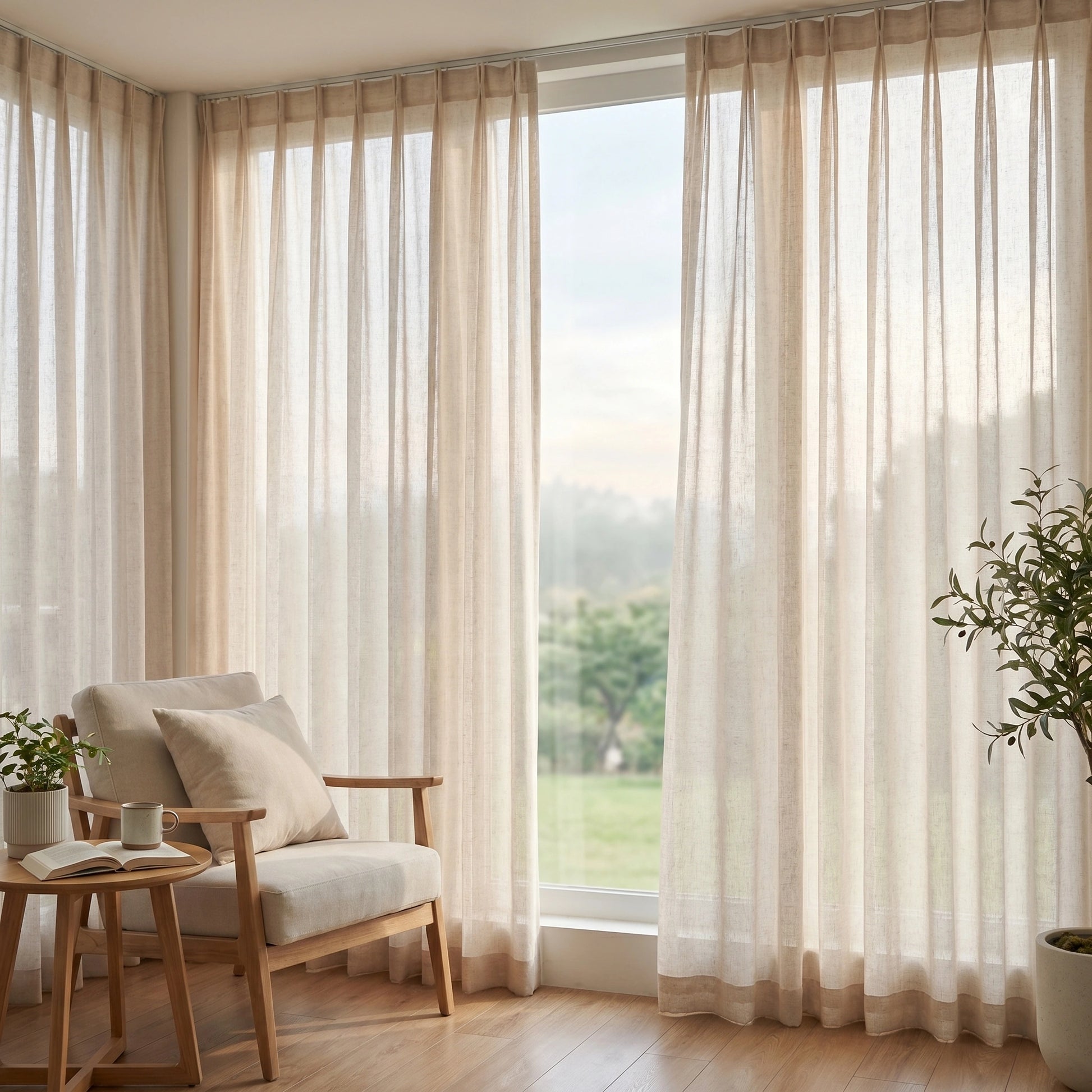 Light beige Leto Sandstone Slub Linen Sheer Curtain by DWCN Official hanging on a window, showcasing its airy, textured fabric.