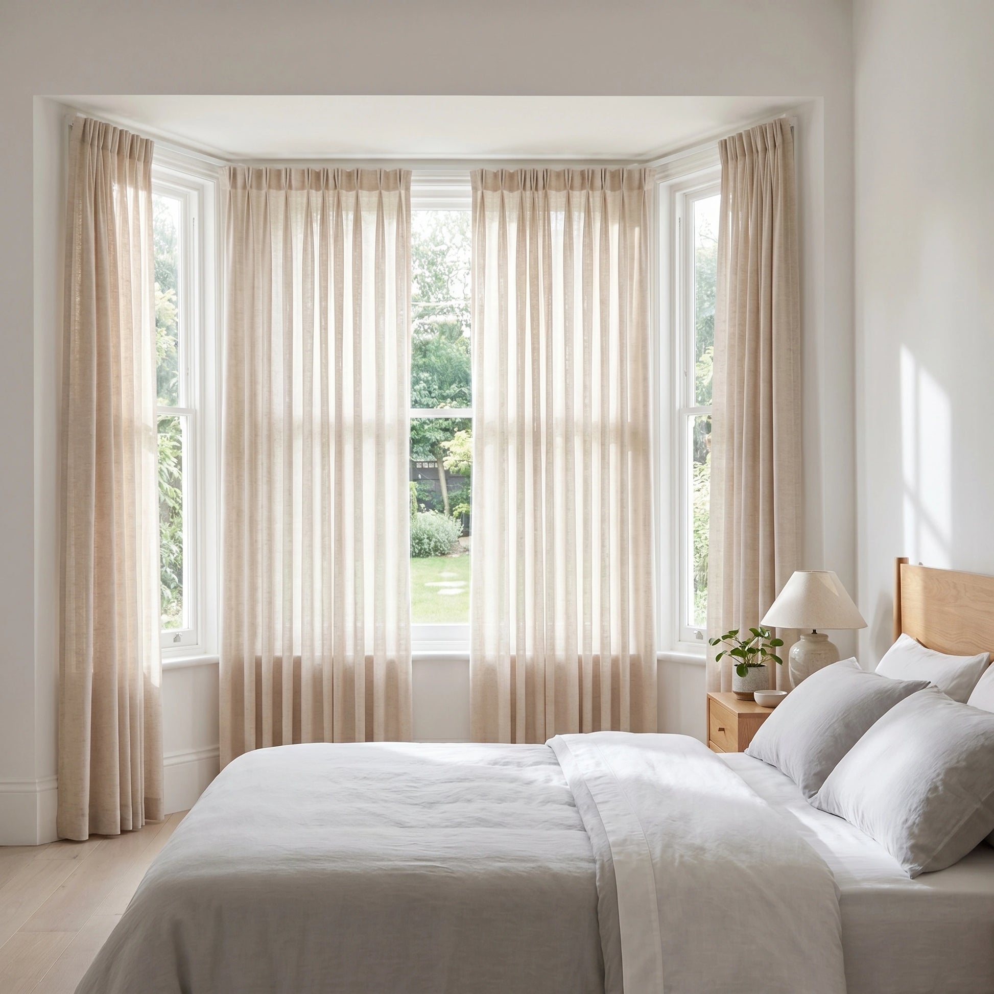 Light beige Leto Sandstone Slub Linen Sheer Curtain by DWCN Official hanging with gentle folds and semi-transparent texture.