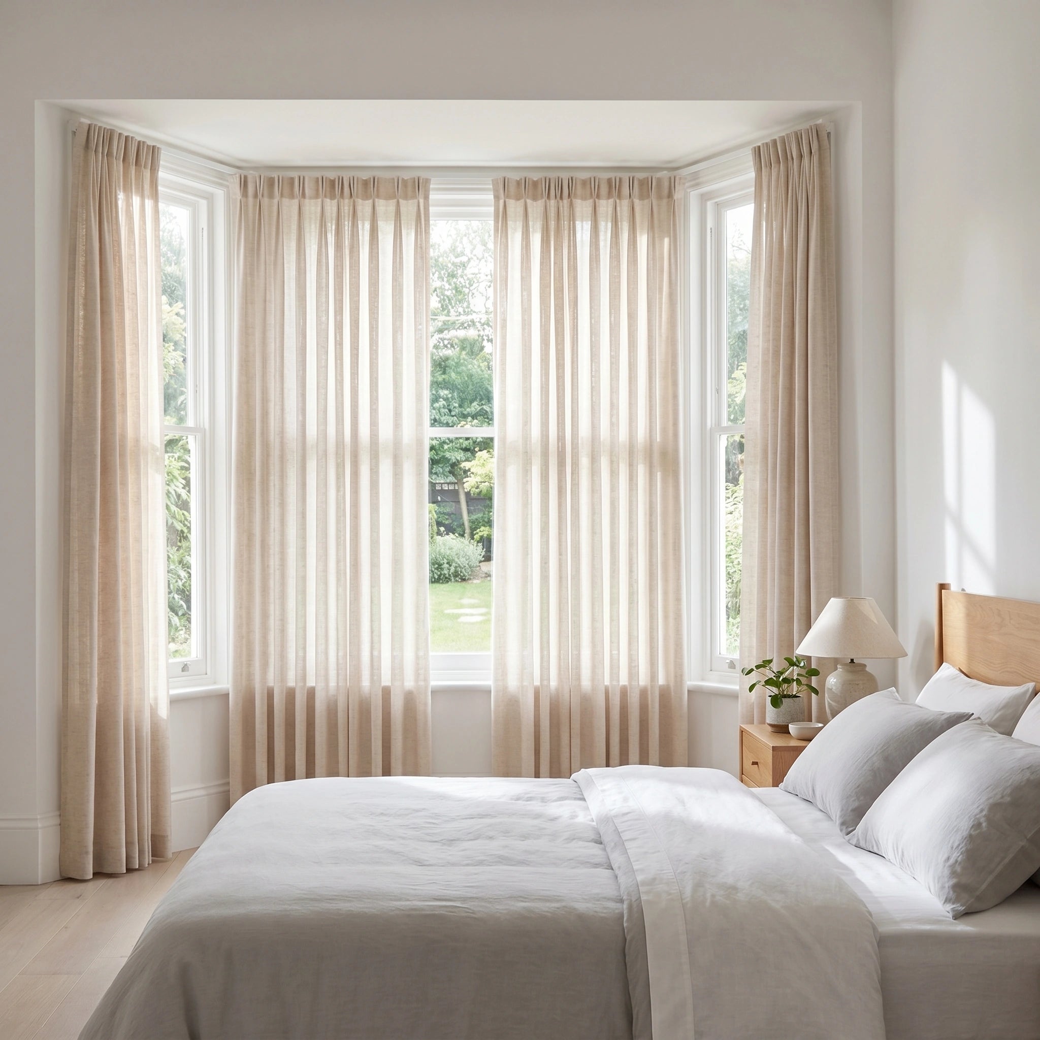 Light beige Leto Sandstone Slub Linen Sheer Curtain by DWCN Official hanging with gentle folds and semi-transparent texture.