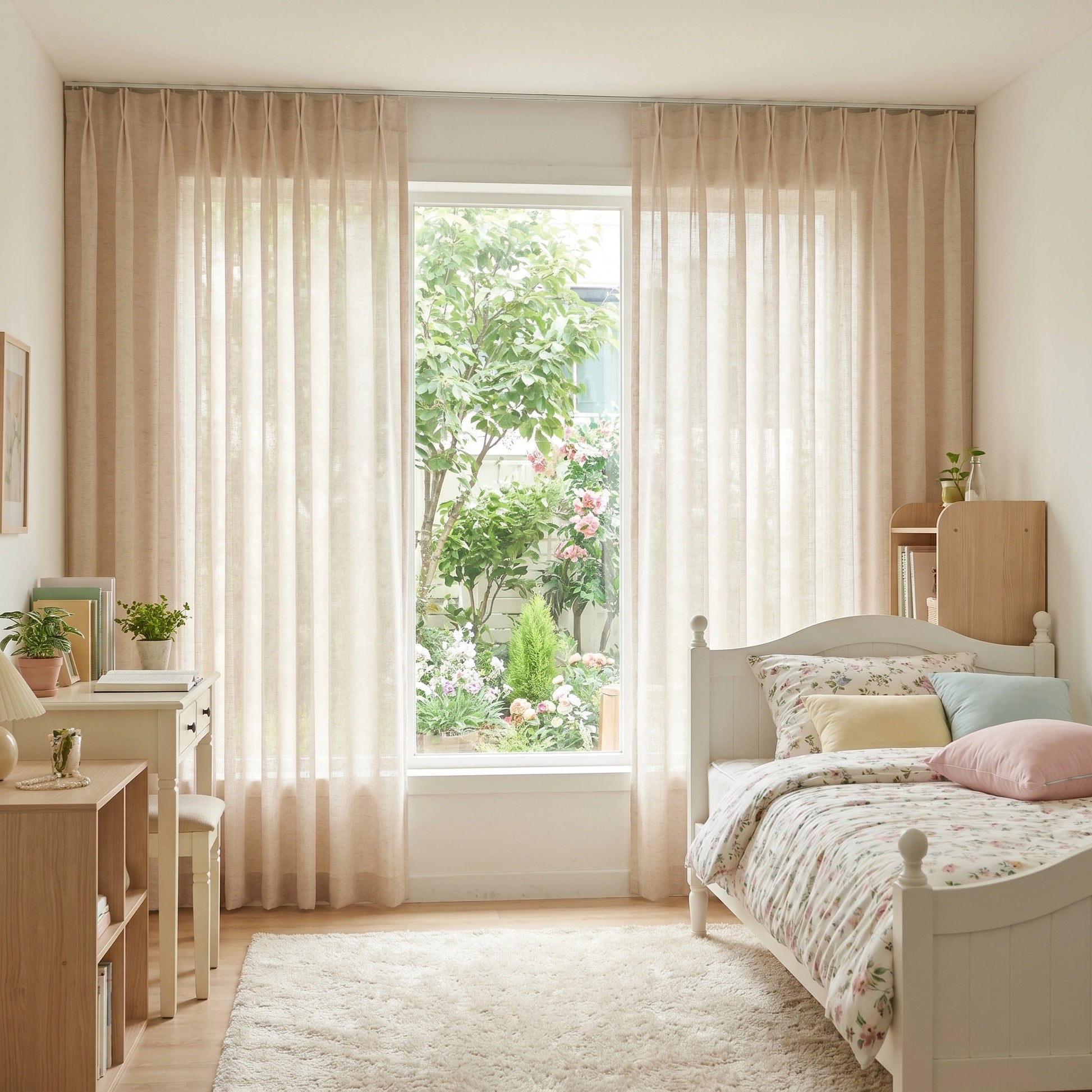 DWCN Official Leto Sandstone Slub Linen Sheer Curtain hanging with soft natural light, showcasing lightweight, textured linen fabric.