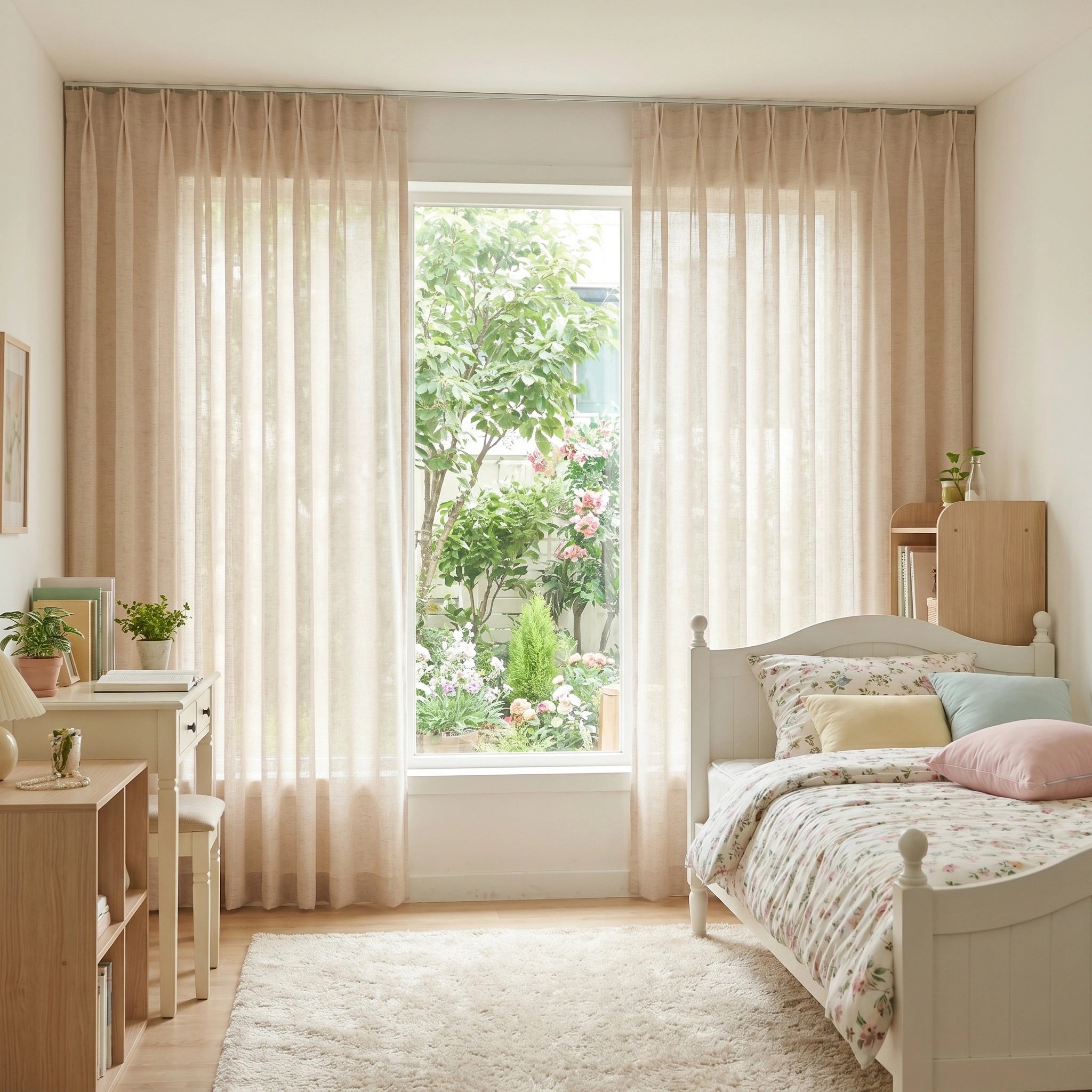 DWCN Official Leto Sandstone Slub Linen Sheer Curtain hanging with soft natural light, showcasing lightweight, textured linen fabric.