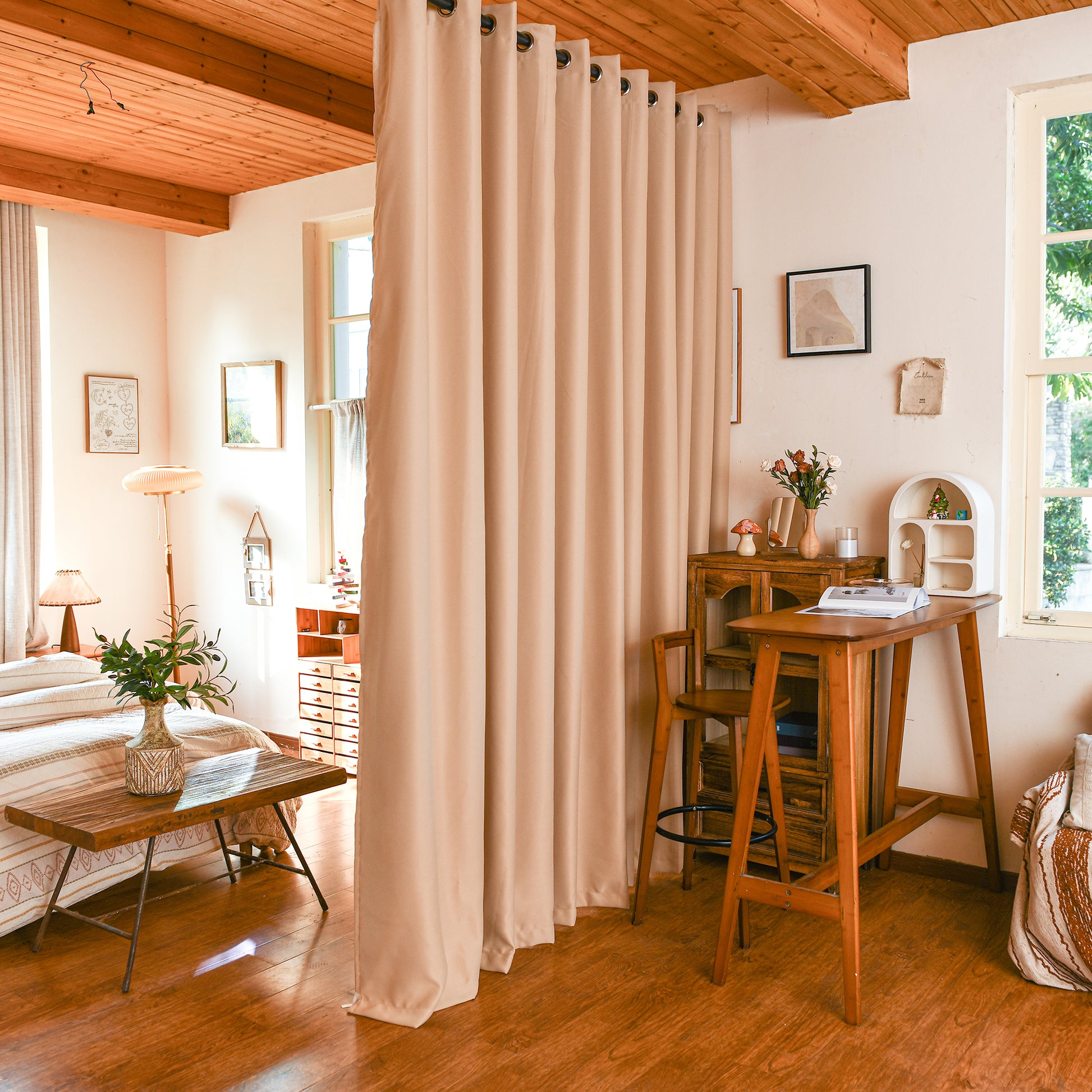 Black silk fiber blackout room divider curtains by DWCN Official, showcasing luxurious fabric and sleek design.