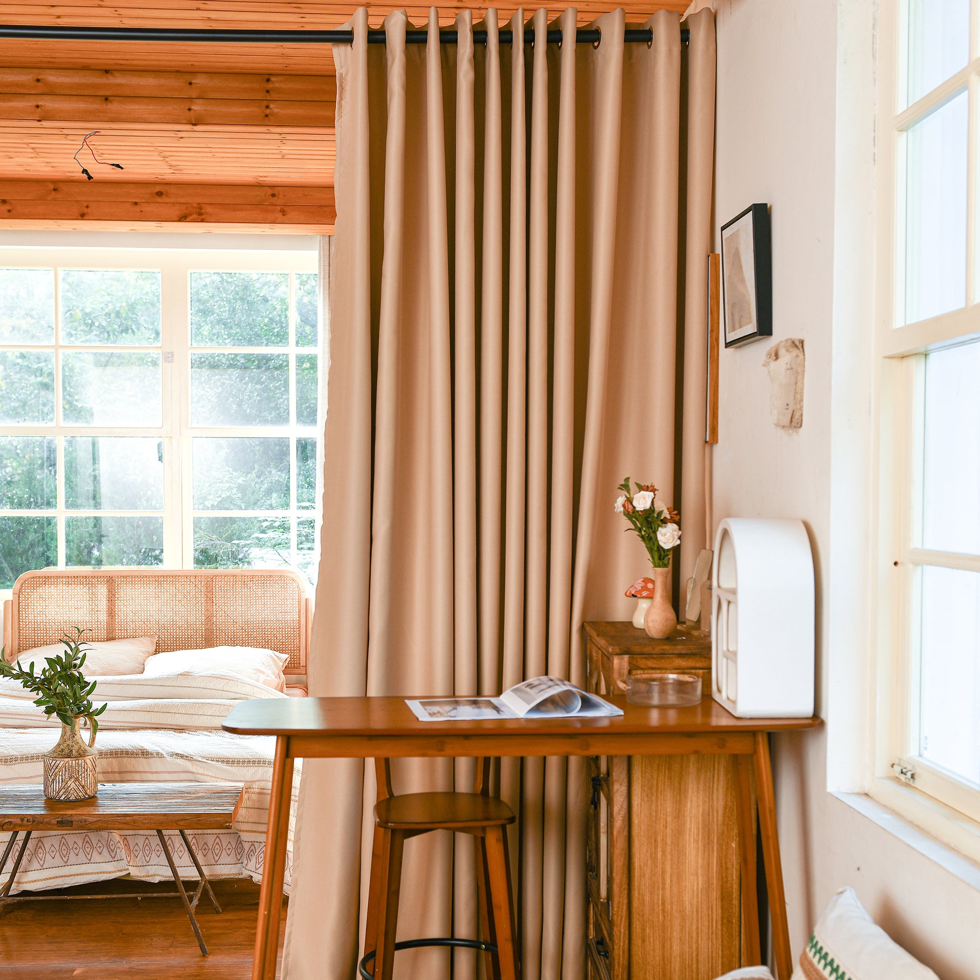 Black luxury silk fibers blackout room divider curtains with elegant design, ideal for creating privacy and blocking light.
