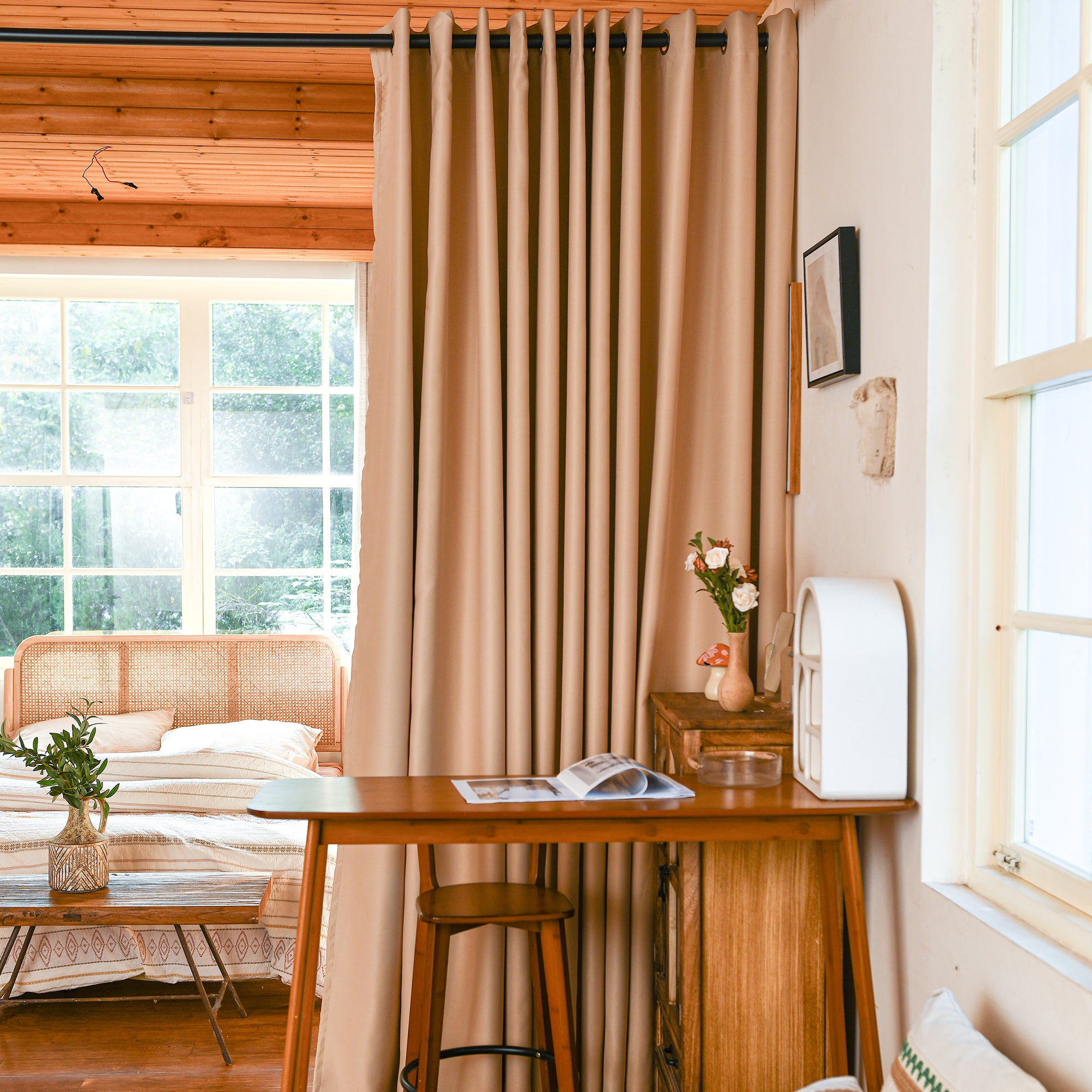 Black luxury silk fibers blackout room divider curtains with elegant design, ideal for creating privacy and blocking light.