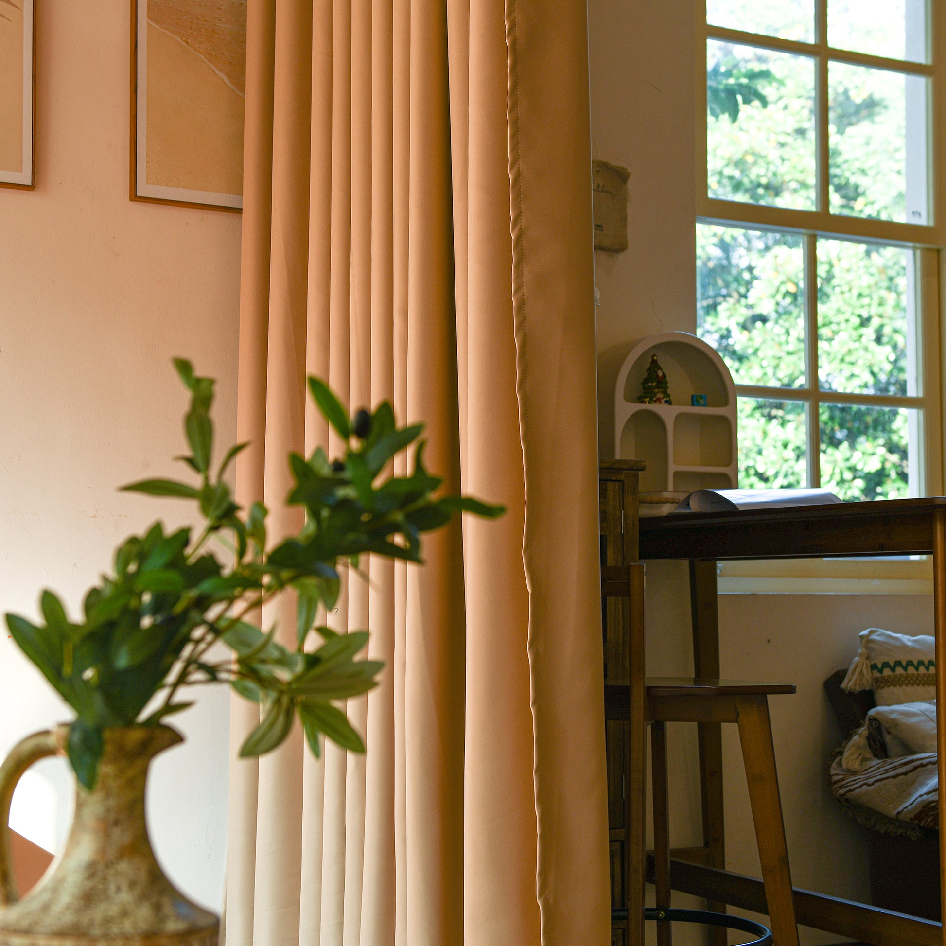 Custom room divider curtains installed on ceiling track for light control