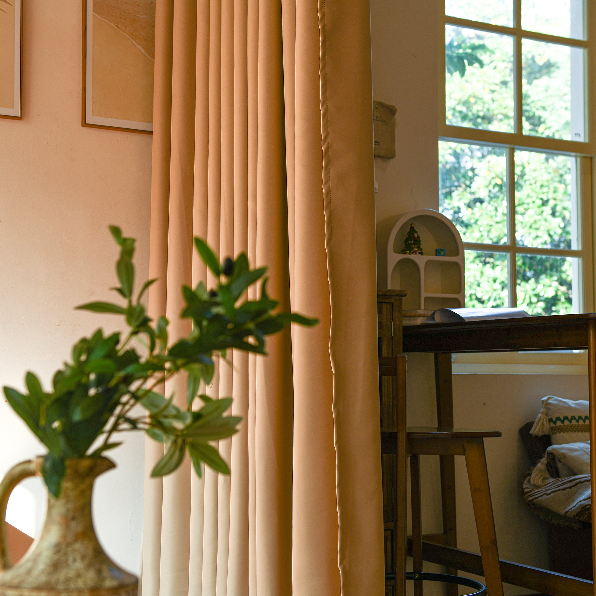 Custom room divider curtains installed on ceiling track for light control