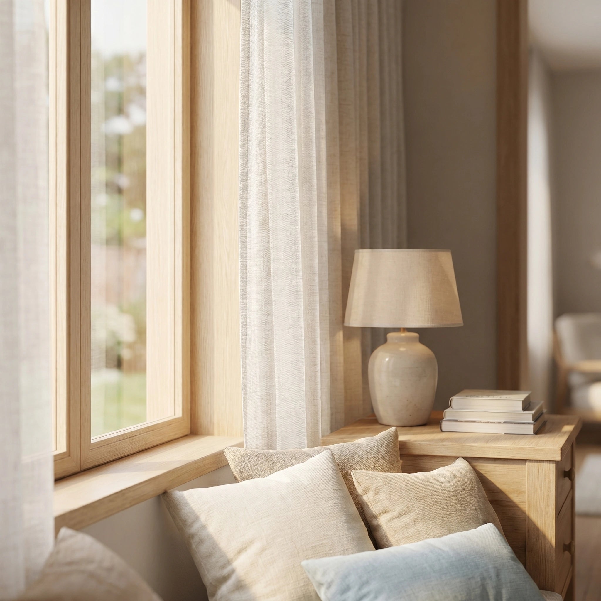 DWCN Official Leto Sandstone Slub Linen Sheer Curtain hanging with soft light filtering through textured linen fabric