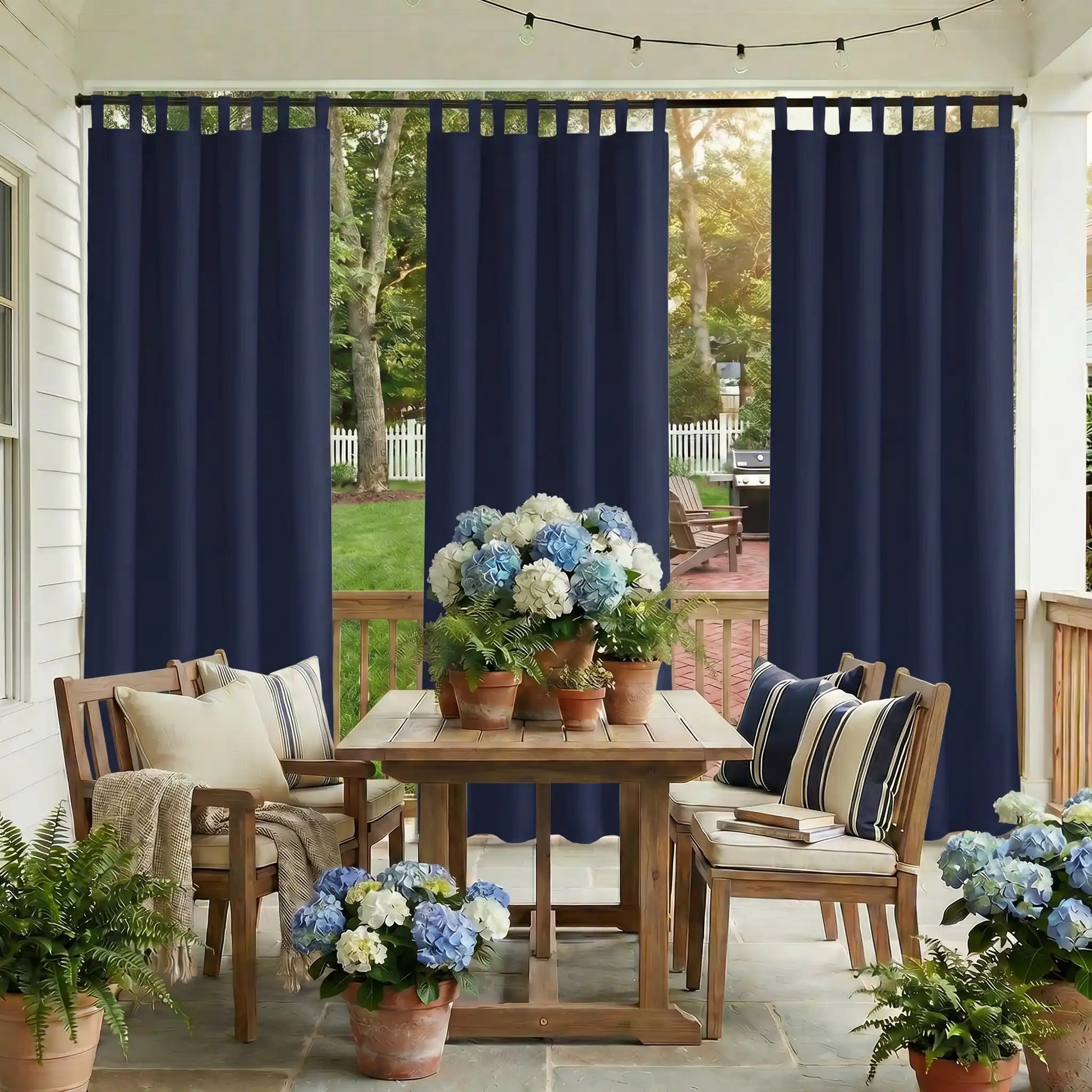 DWCN Official waterproof outdoor curtain with tab top design, suitable for patio or garden use, featuring durable, weather-resistant fabric.